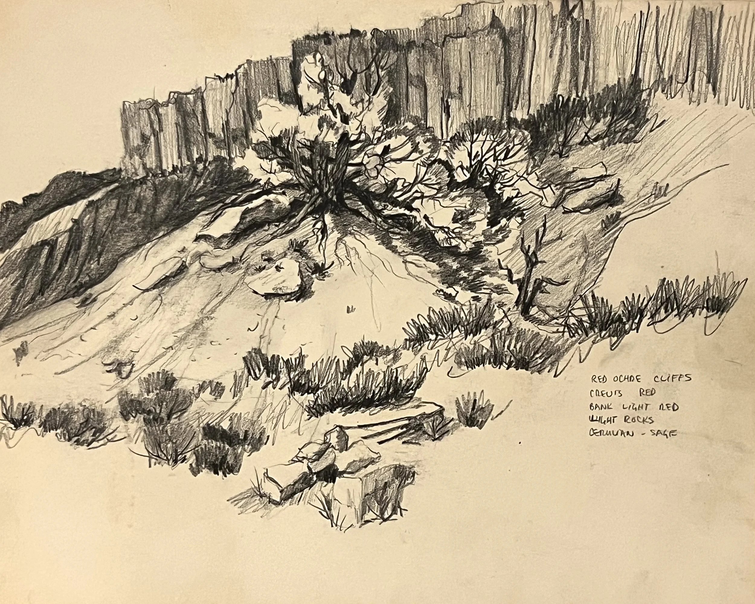 Red Ochre Cliffs, 10 x 13.5", Box Elder County, Sketchbook Drawing, 1960's