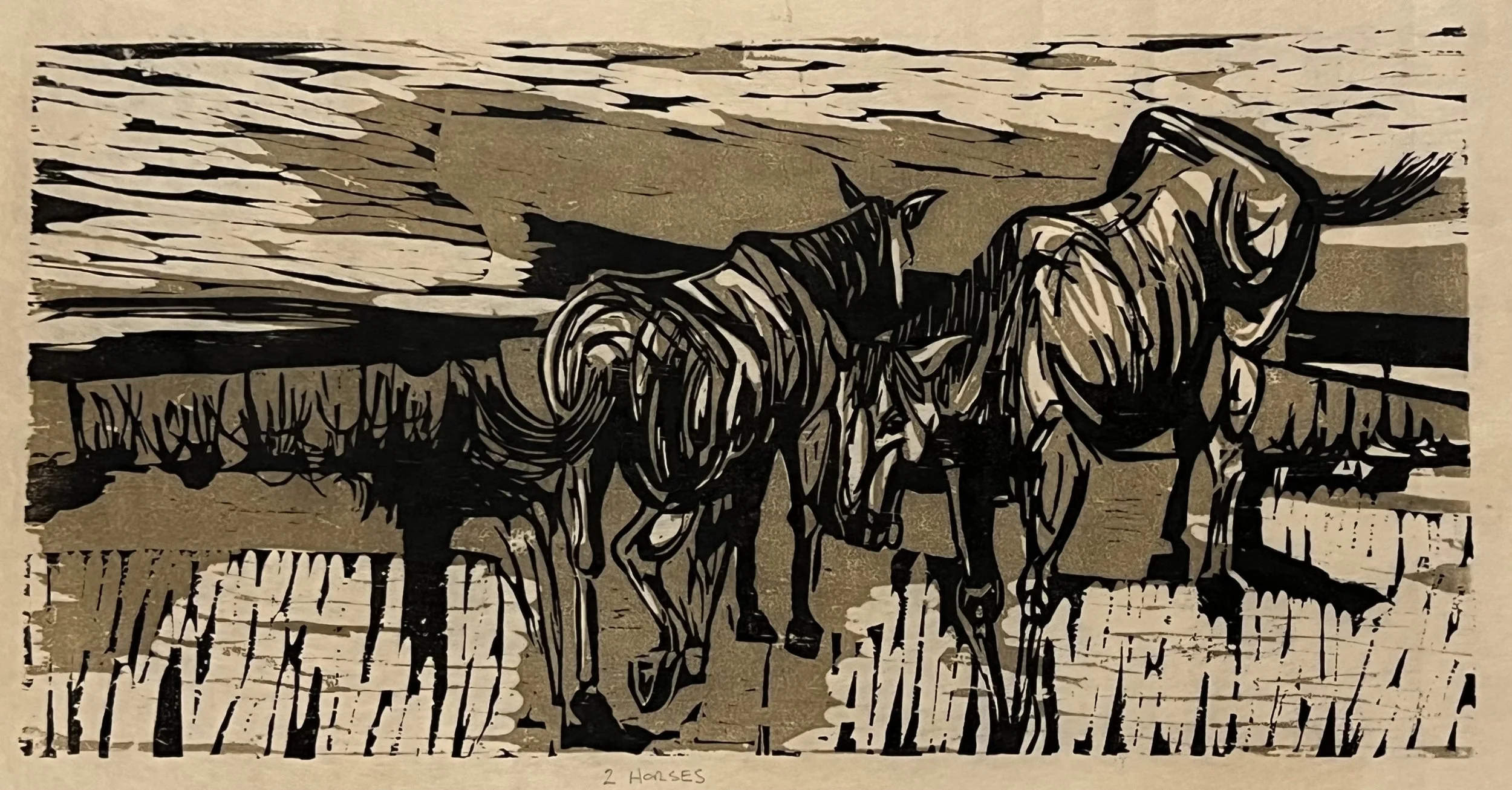 Two Horses, 8.75 x 17.35, Color Woodcut, 1963