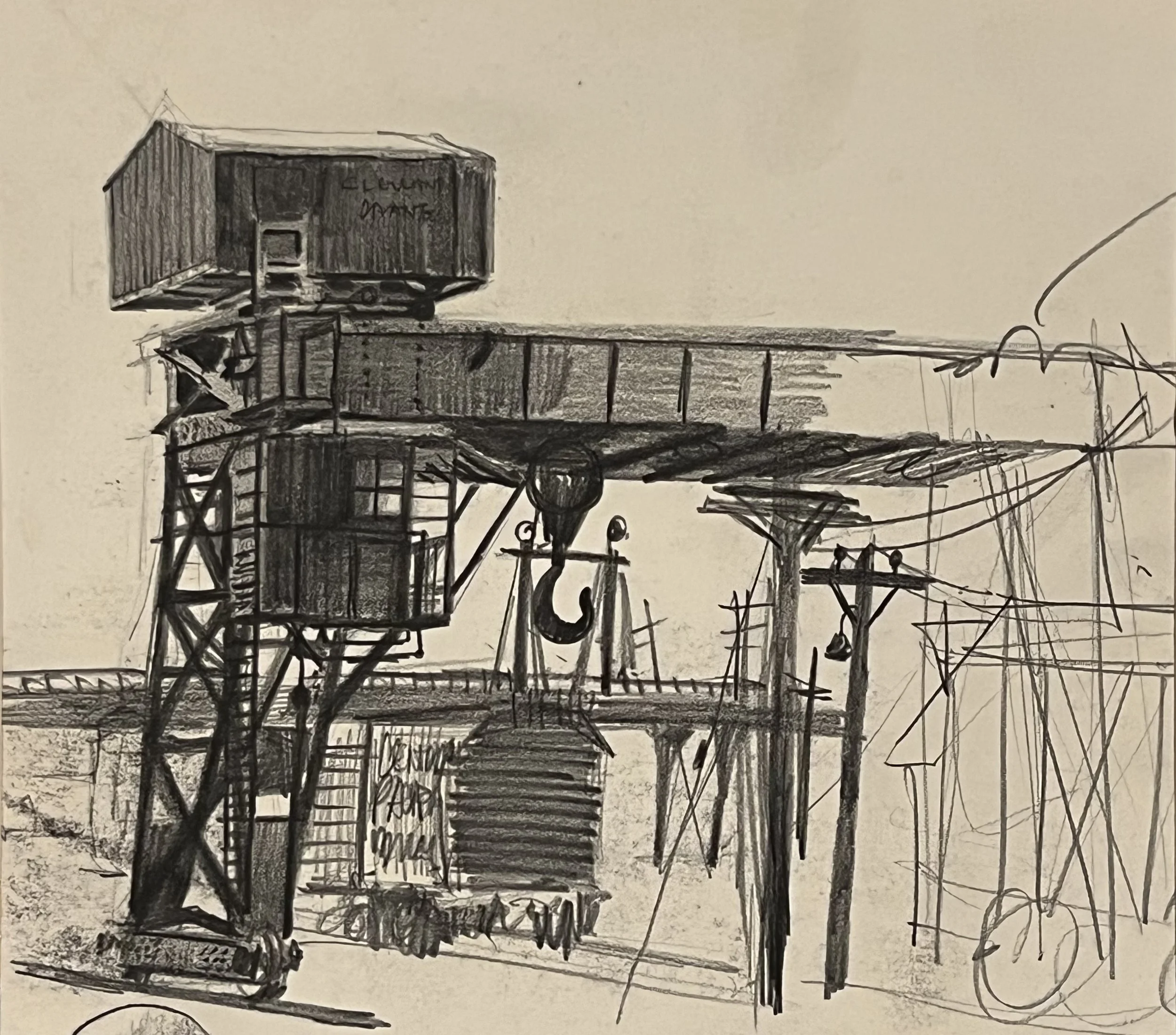 Cleveland Crane, Box Elder County Rail Yard, 8.5 x 9.5", Sketchbook Drawing, 1965