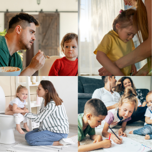 Collage of children and adults engaging in various activities at home. Top left: a man and two young girls, one in a red shirt, sitting at a table. Top right: a young girl coloring with an adult. Bottom left: a woman and two young girls, one in pajamas, on the floor playing. Bottom right: a woman and four children drawing and playing on the floor.