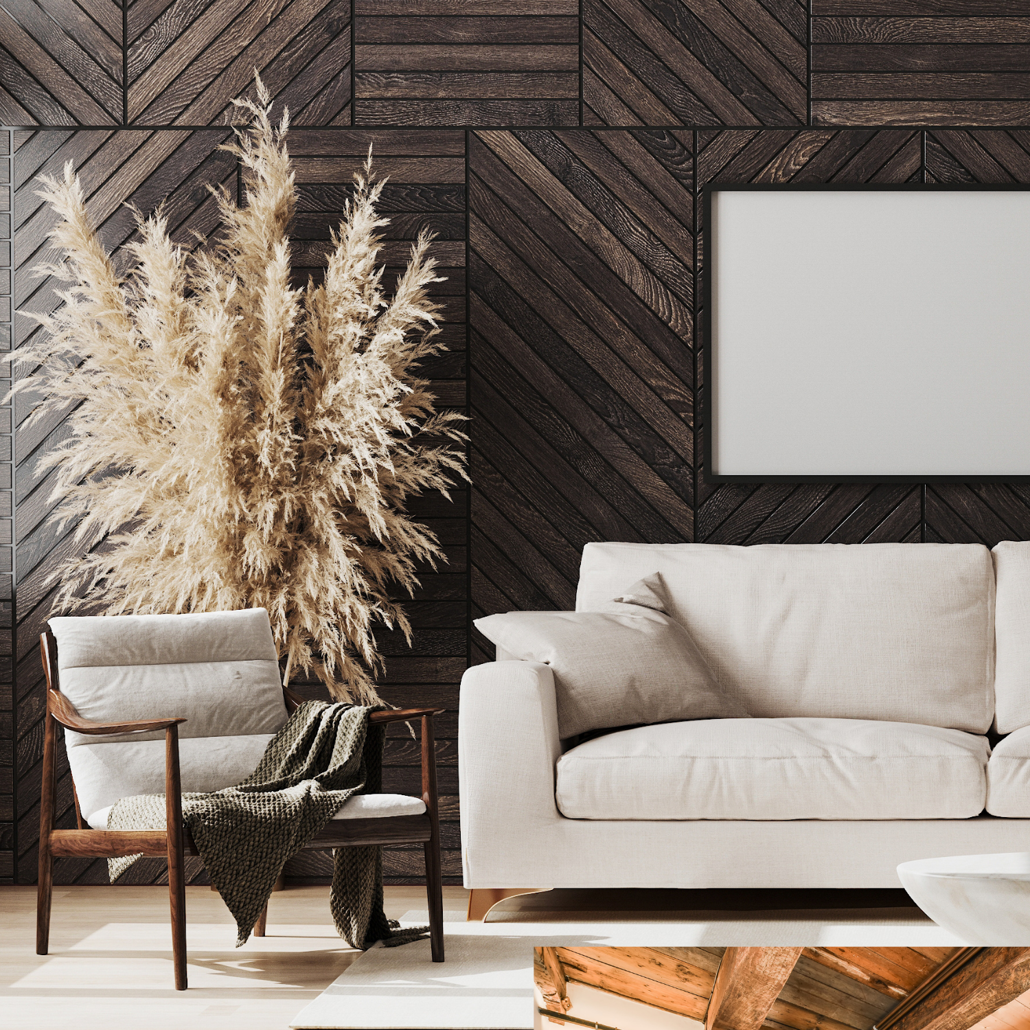 A modern living room with a beige sofa, a wooden armchair with a throw blanket, a dark textured wood accent wall, a large pampas grass arrangement, and a white picture frame.
