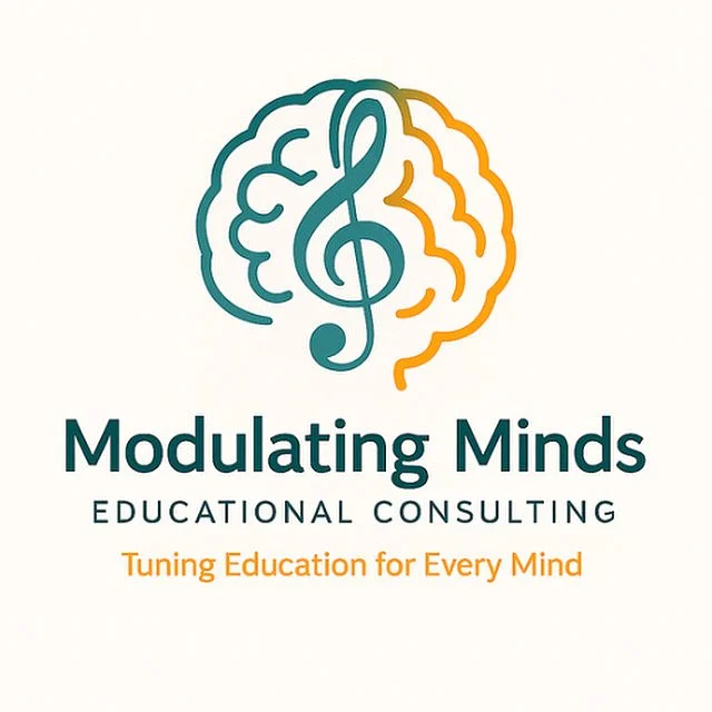Logo for Modulating Minds Educational Consulting featuring a brain and musical note design with the tagline 'Tuning Education for Every Mind'.