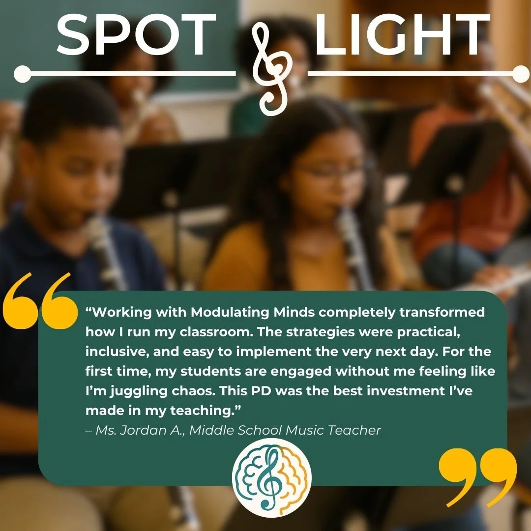 Students in a classroom playing musical instruments with a graphic overlay of text and a logo, promoting the 'Spot & Light' program.