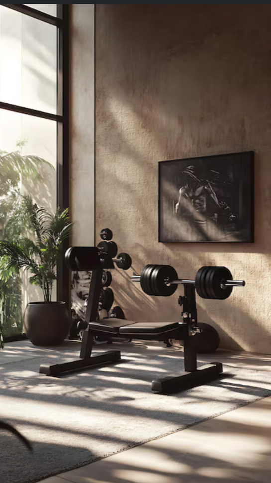 A home gym setup with a large window, potted plant, framed black-and-white photo on a textured beige wall, and a weight bench with barbells on a rug.