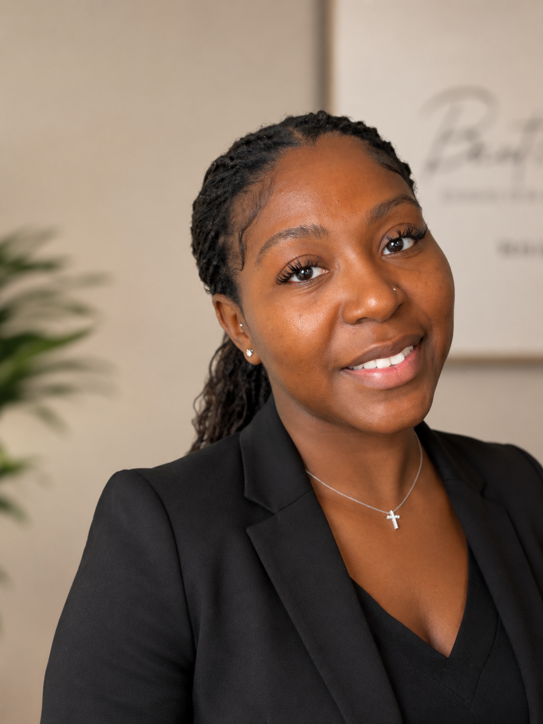 Portrait of a young African American woman with braided hair, smiling, wearing a black blazer and a cross necklace, standing indoors.