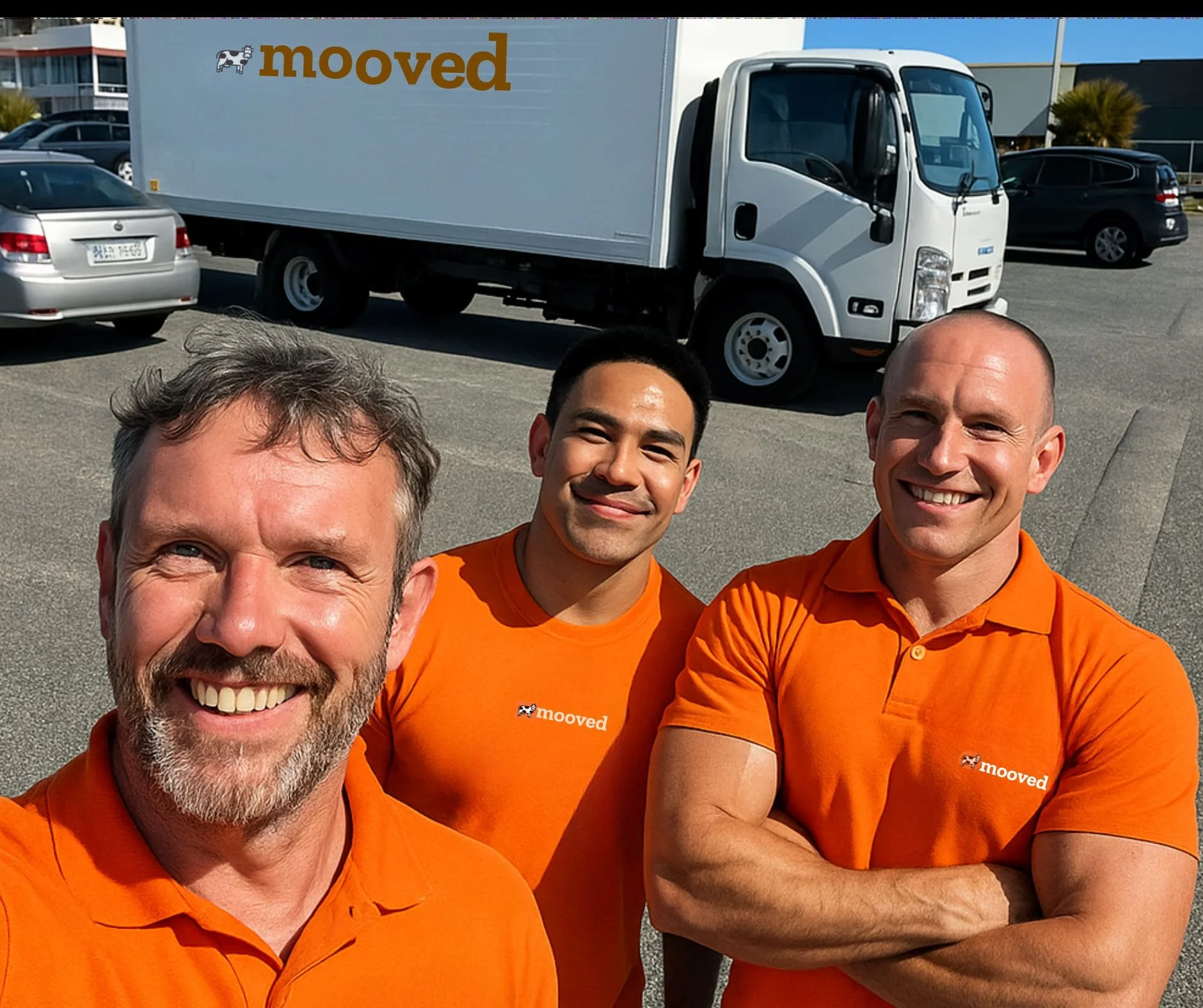Three smiling men wearing orange shirts with 'mooved' logo taking a selfie in a parking lot with a white truck and other vehicles, and a building in the background.