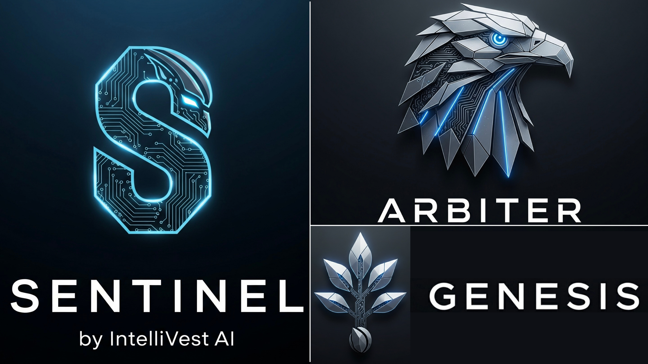 A digital graphic showing logos for Sentinel, Arbiter, and Genesis by IntelliVest AI, featuring a circuit-like dollar sign, a stylized eagle head, and a plant with circuit-like leaves, all with a high-tech aesthetic.