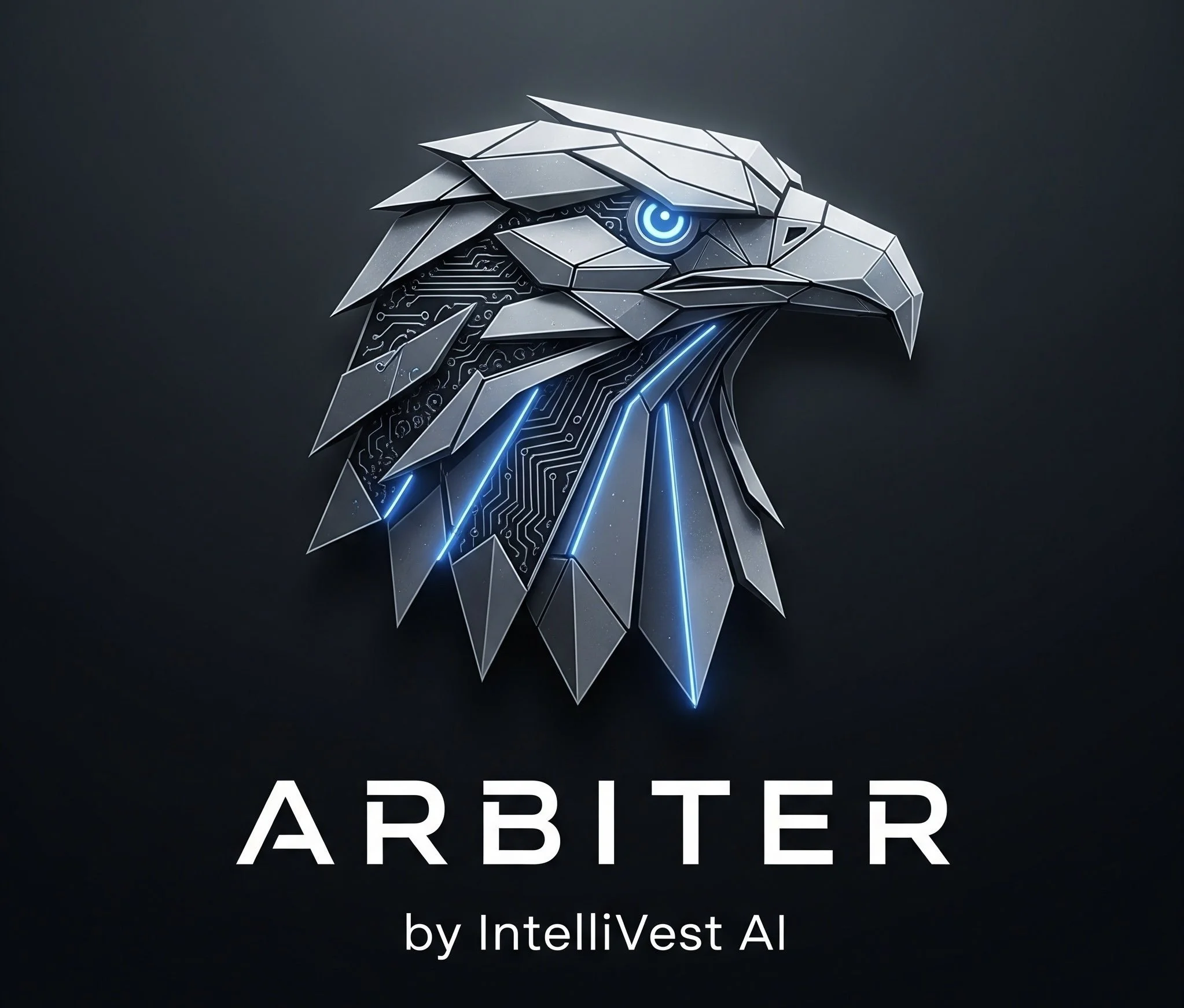 A digital illustration of a robotic eagle head with circuitry details, glowing blue eye, and the word 'ARBITER' below it, with the phrase 'by IntelliVest AI' at the bottom.