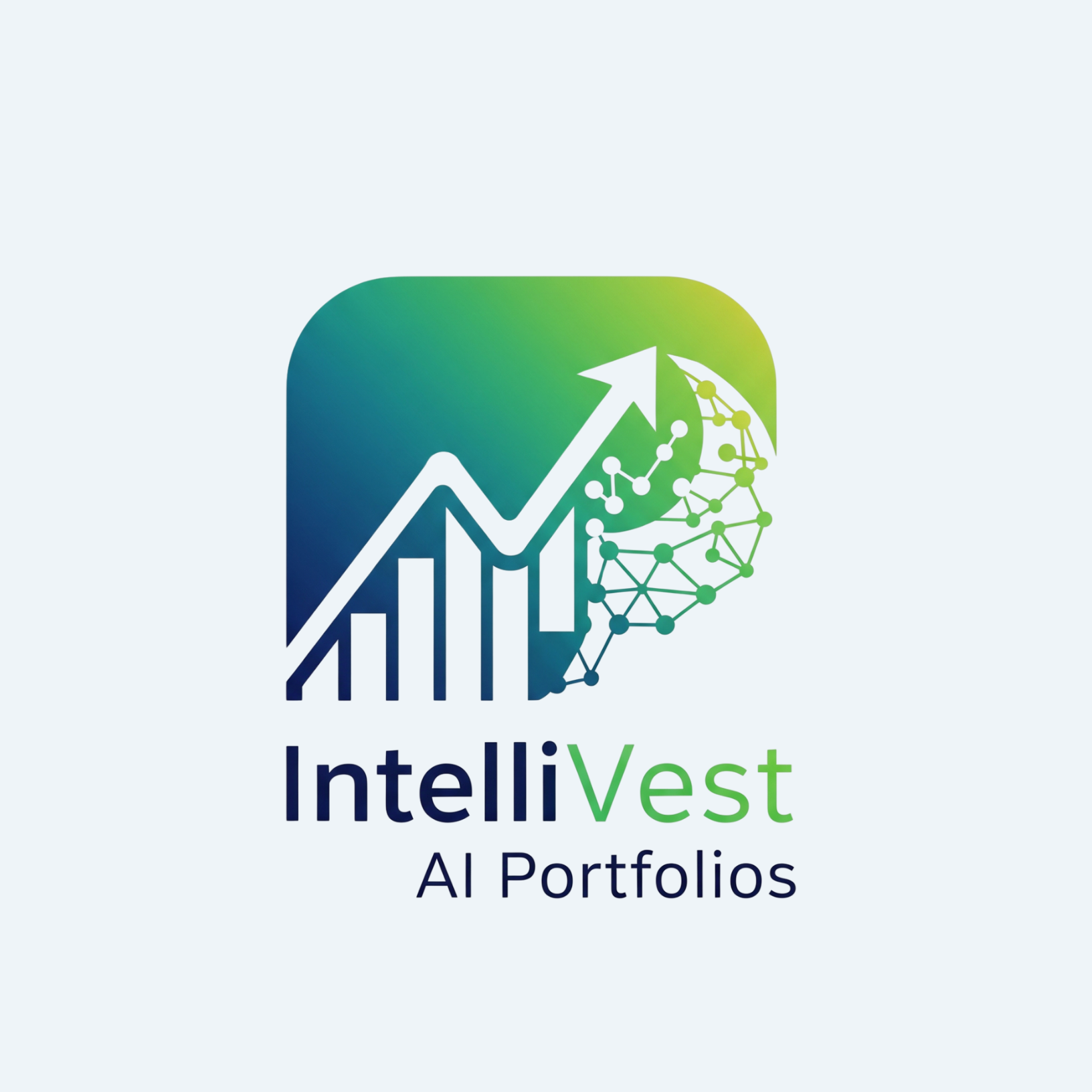 Logo for IntelliVest AI Portfolios, featuring a stylized human head with interconnected nodes and a rising arrow graph, in green, blue, and white colors.