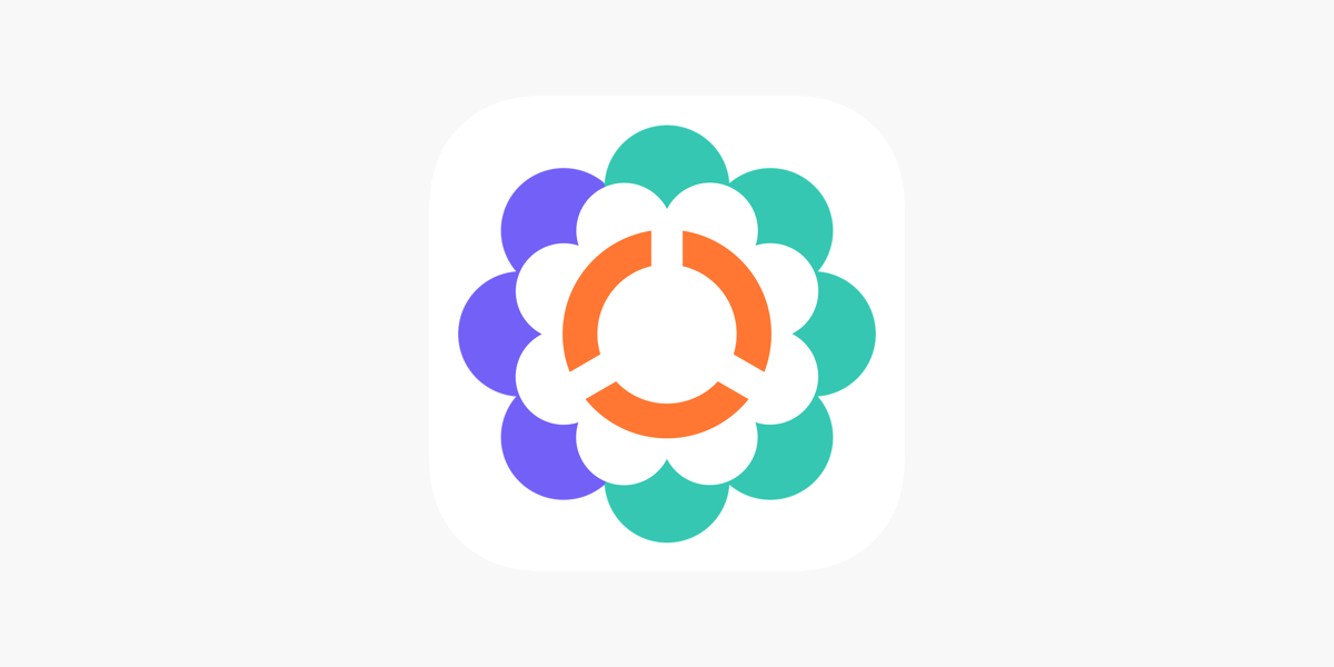 An app icon featuring a circular pattern of blue, green, and purple petals surrounding a central emblem with an orange peace sign.