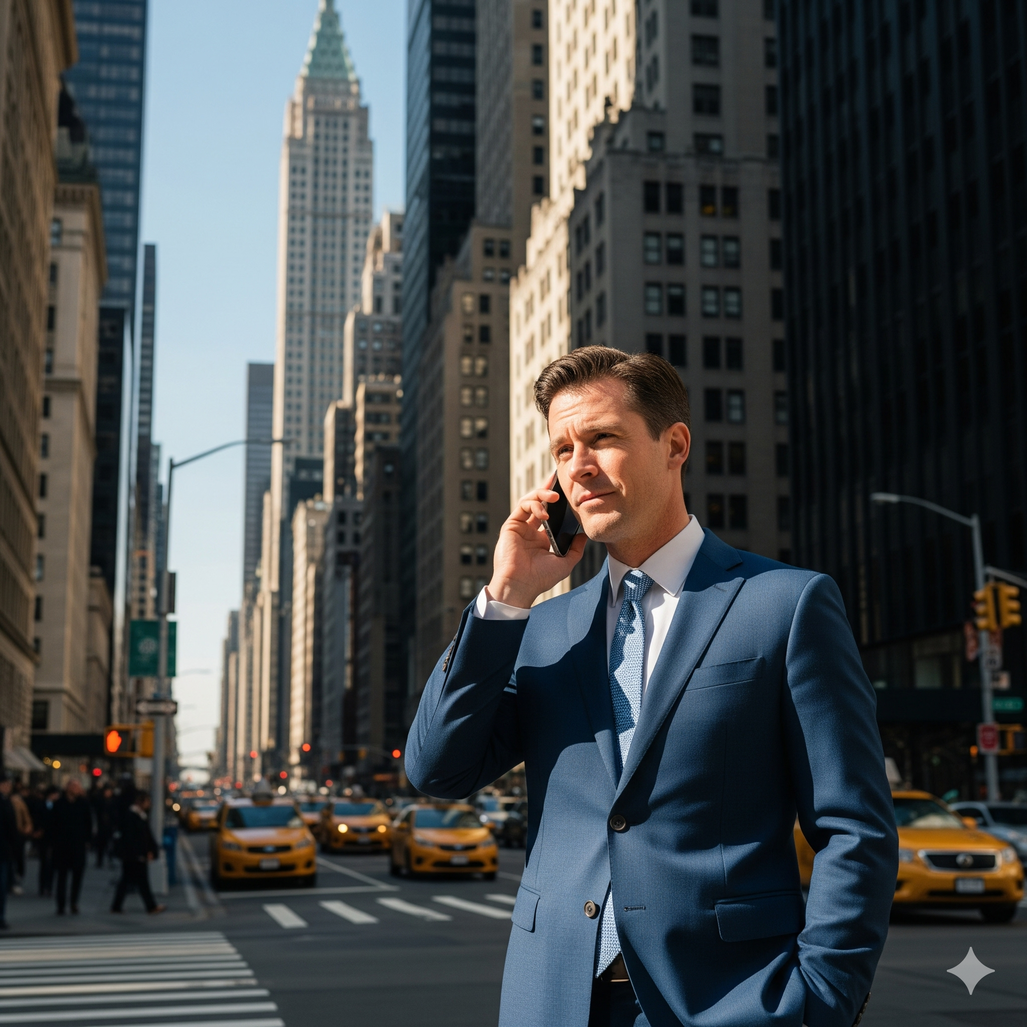 A man in a blue suit talking on his mobile phone on a busy city street with tall skyscrapers and yellow taxis.