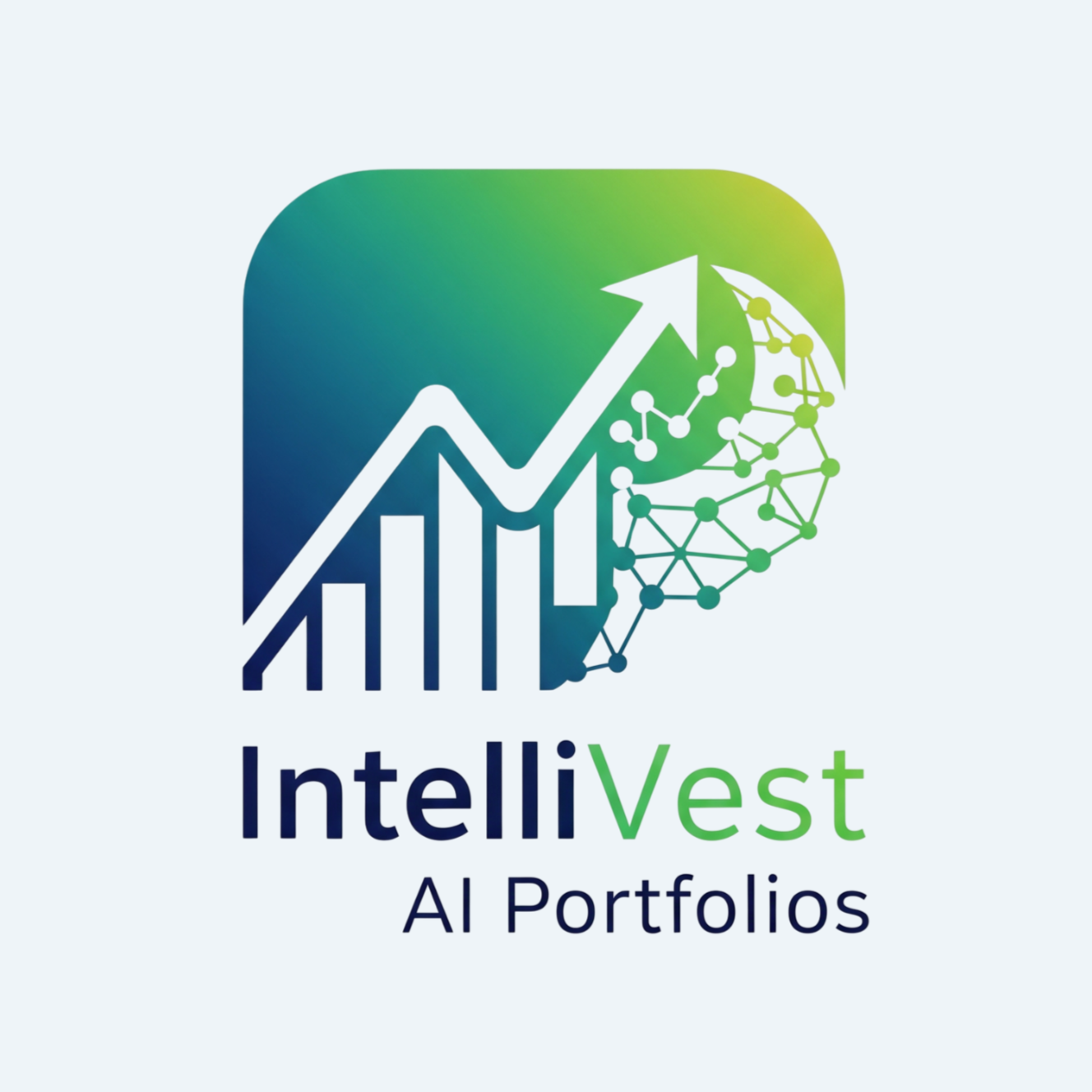 Logo for IntelliVest AI Portfolios featuring a stylized brain with a rising graph and interconnected nodes, with an upward arrow over the graph.
