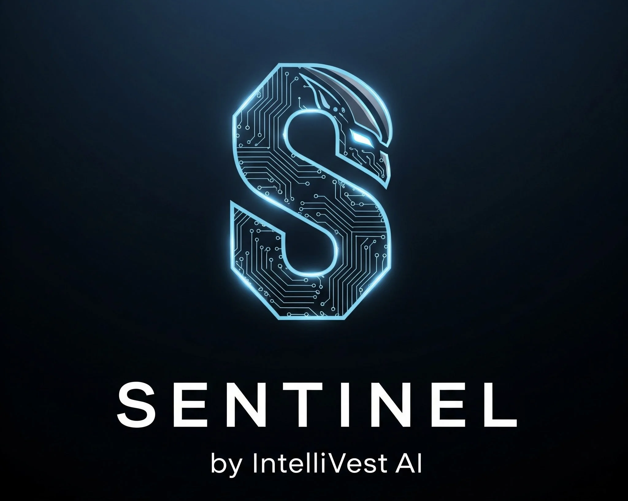 Digital illustration of a stylized letter 'S' with circuit-like patterns, glowing in blue, and the text 'Sentinel by IntelliVest AI' below.