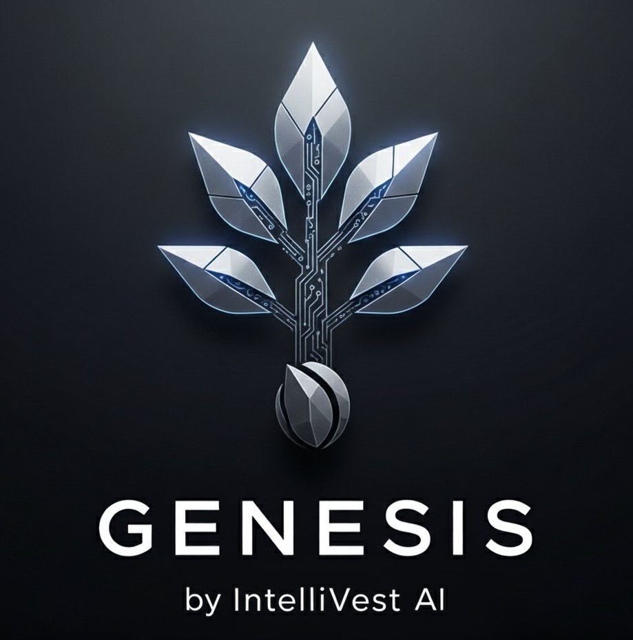 A digital logo of a stylized tree with circuit board patterns, glowing blue accents, and the text "GENESIS by IntelliVest AI" beneath it.