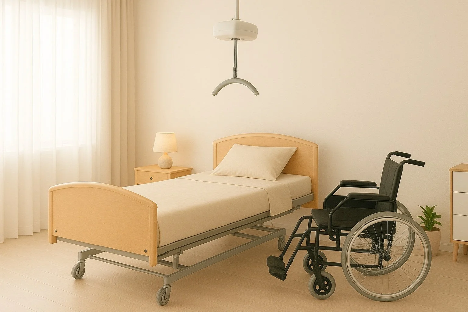 A hospital room with a hospital bed, bedside table with a lamp, a wheelchair, and a small plant near a dresser, with soft natural light coming through sheer curtains.