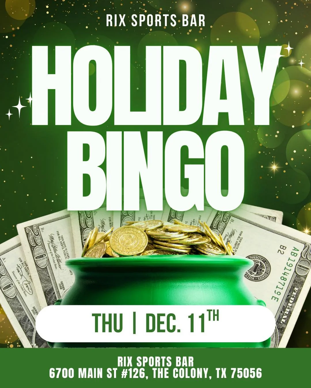 BINGO NIGHT TONIGHT! Win big before the holidays!💰 $500 Bingo Night is your shot at some Christmas money! 🎅

🎟️ Ticket sales start at 8pm 

DRINK SPECIALS: 
🍺 $3 Shiner and Dallas Blonde 
🍓 $3.50 Deep Eddy (any flavor) 
🥂 $4.50 Titos 🎤 Stay fo