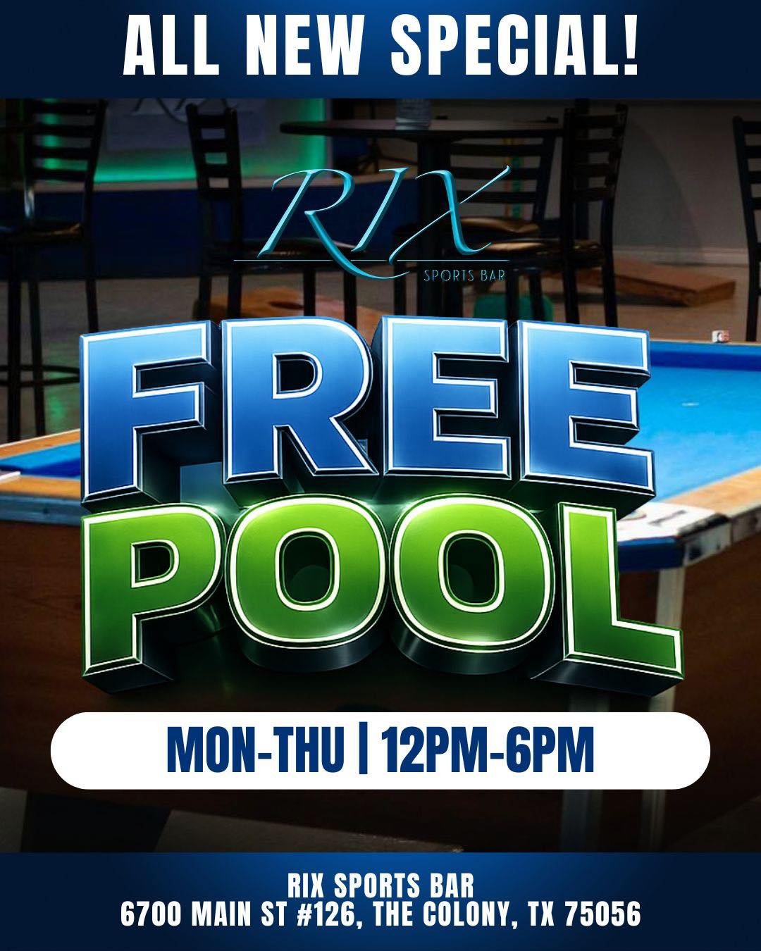 Your new weekday ritual: FREE pool every Monday&ndash;Thursday from noon&ndash;6 PM! 🎱 Pair it with our happy hour drink specials! 🍻