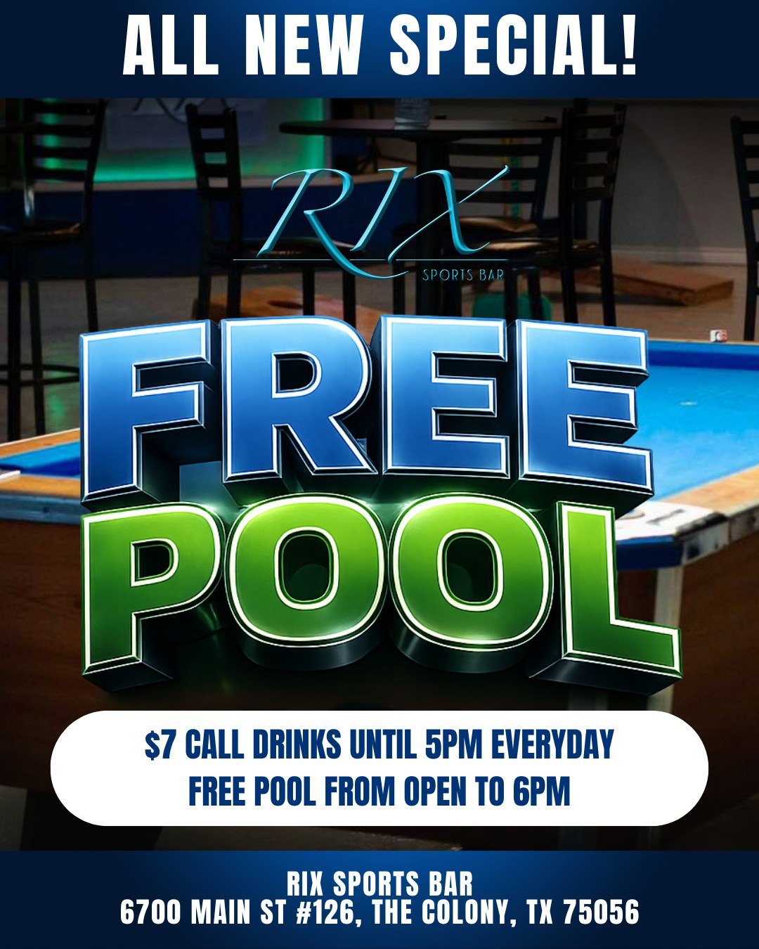 ALL NEW DAYTIME SPECIAL! 🚨 Sip, shoot, and save! 🍸 $7 call drinks till 5PM + free pool until 6PM, every day at Rix Sports Bar!