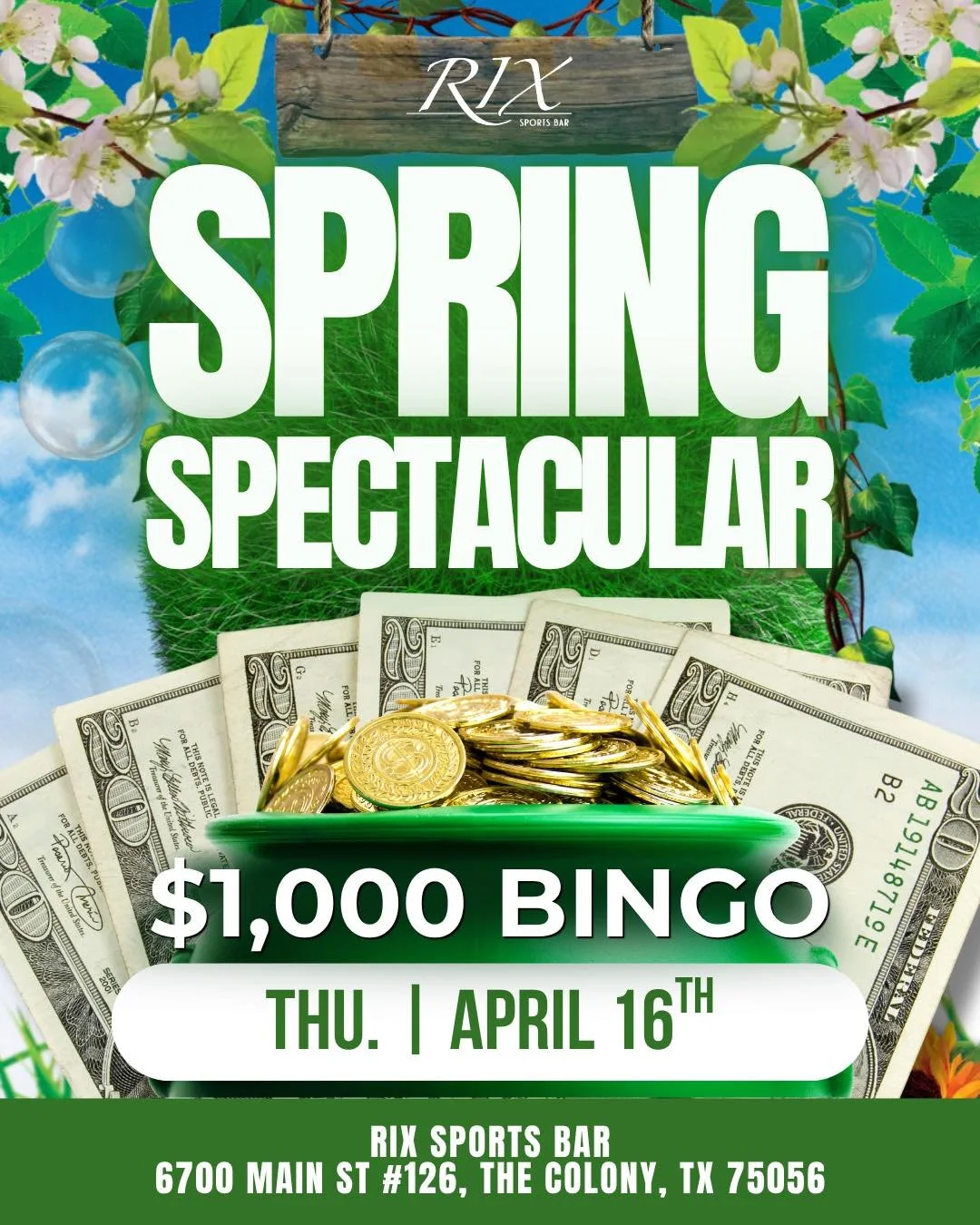 Spring Spectacular Bingo! 🌸
Join us Tuesday, April 16 for our $1,000 Bingo Spring Spectacular. Big prizes, good vibes, and festive fun all night long!

🐣 Raffle Eggs: Crack open your luck for bonus prizes throughout the event!
🎟️ Double Vouchers: 