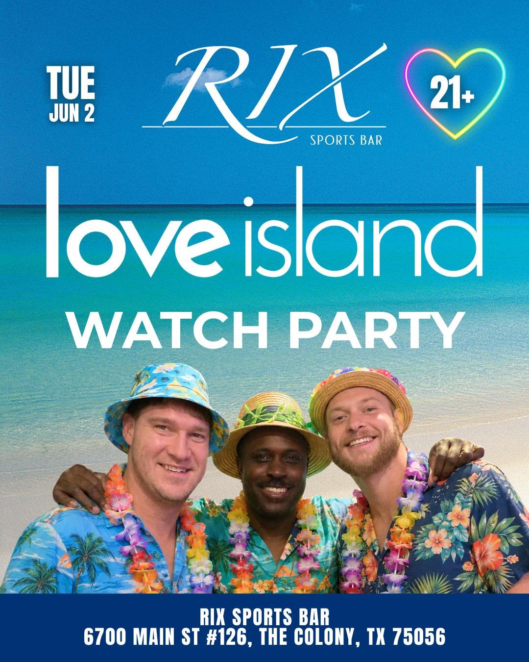 A hot new bombshell has entered the villa... 🔥🌴

Join us Tuesday at 8PM for the Love Island Season Premiere Watch Party! Grab your crew, pick your favorite couple, and get ready for all the drama, recouplings, and chaos.

🍹 Toxic Ex Shot $6
🍑 Sex