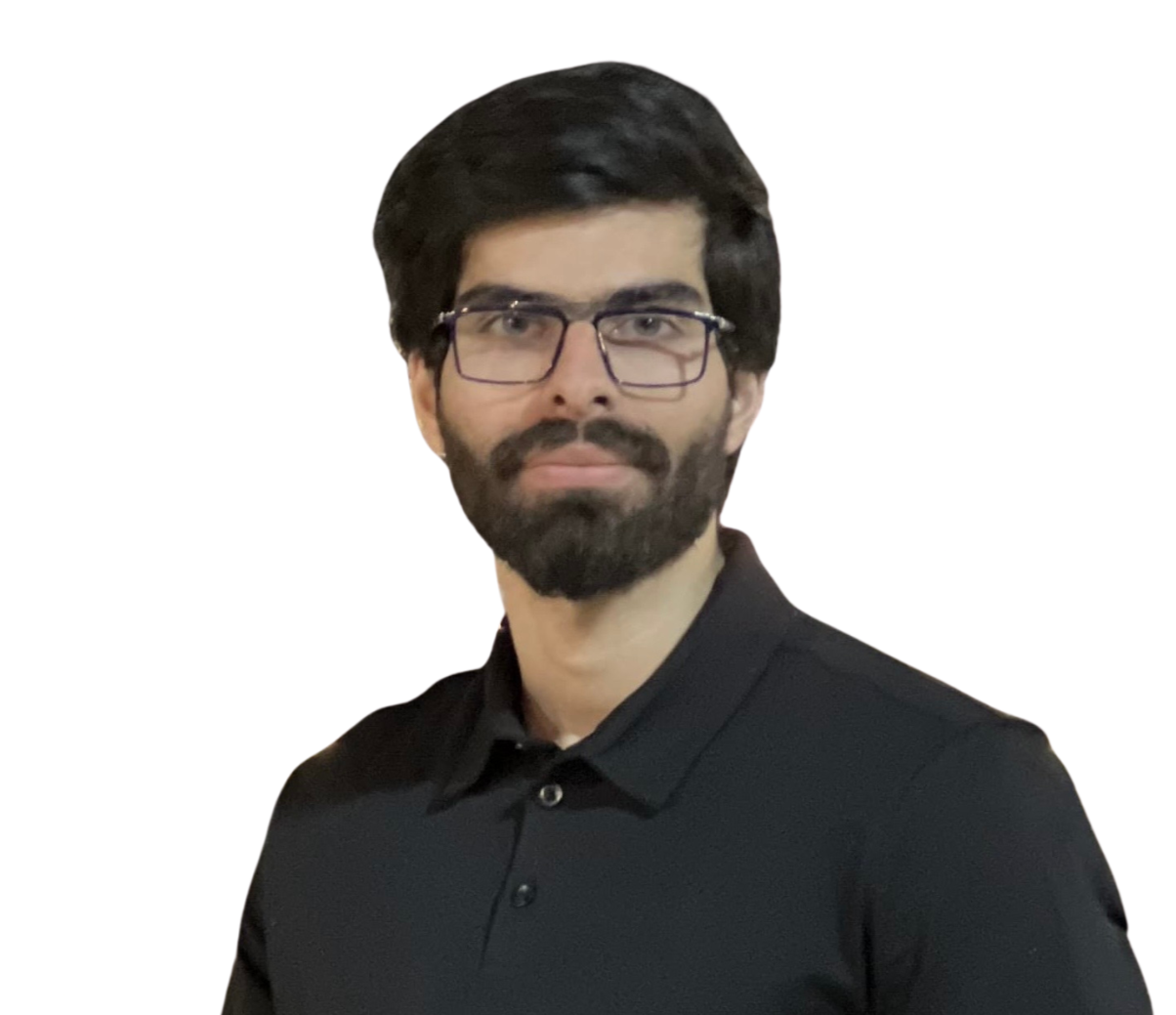 Portrait of a man with dark hair, glasses, and a beard, wearing a black collared shirt, against a plain white background.