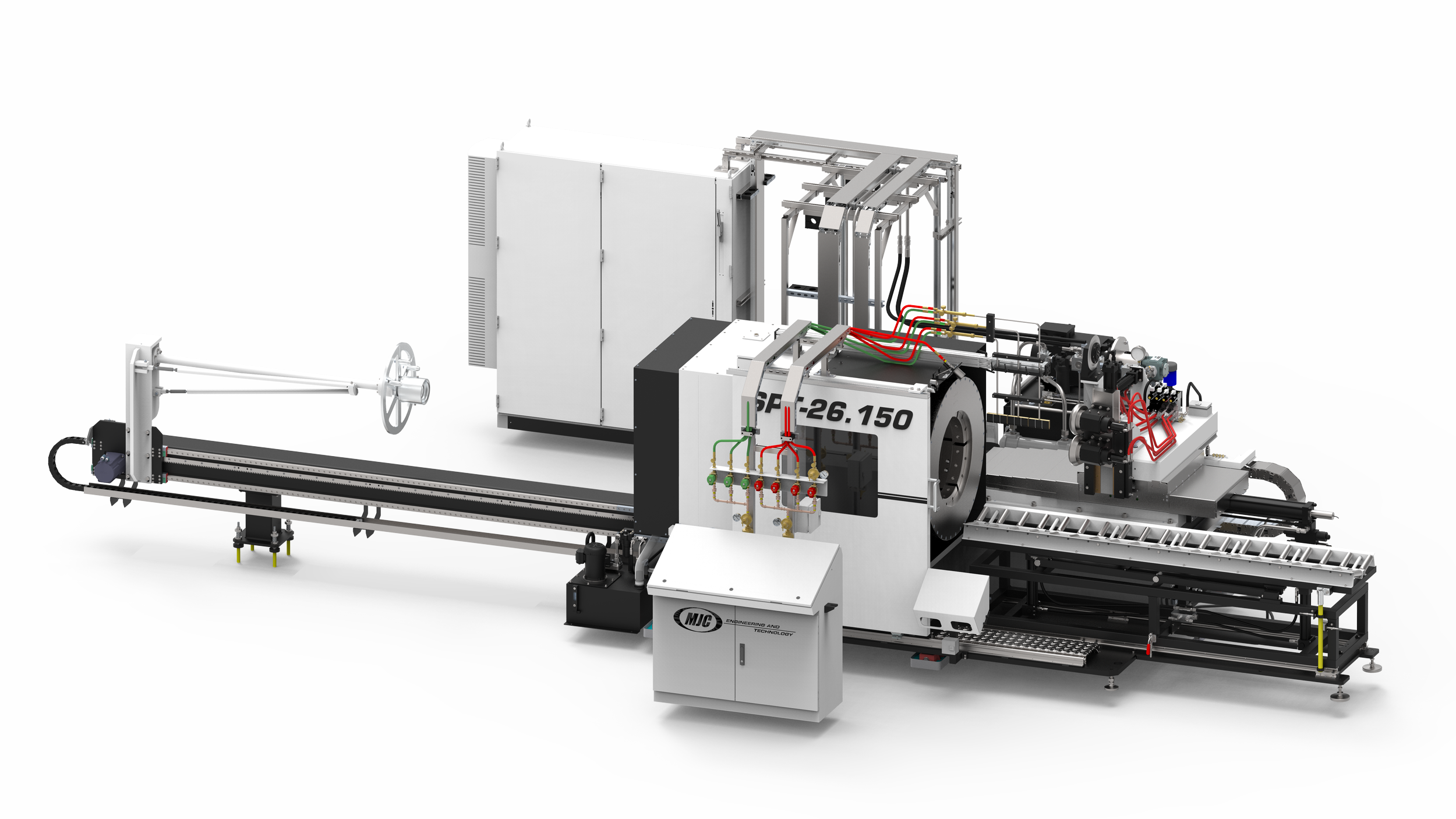 MJC SPT-26.150 tube and liner spinning machine with long loading rail, torch manifold and outfeed conveyor