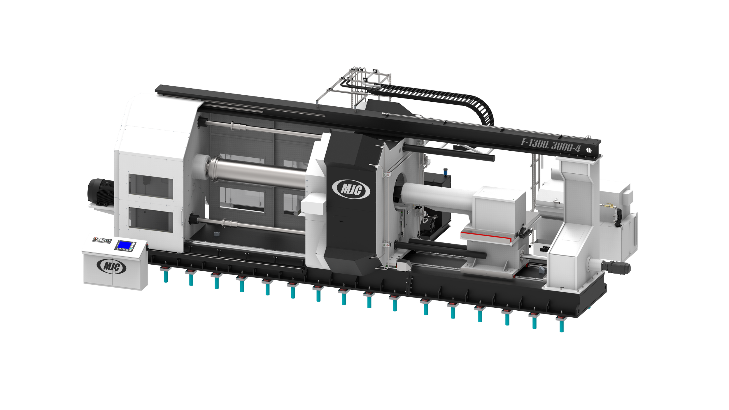MJC F-1300.3000-4 four-roller CNC flow forming machine with forming enclosure open, showing the mandrel and roller carriage on a full-length bed