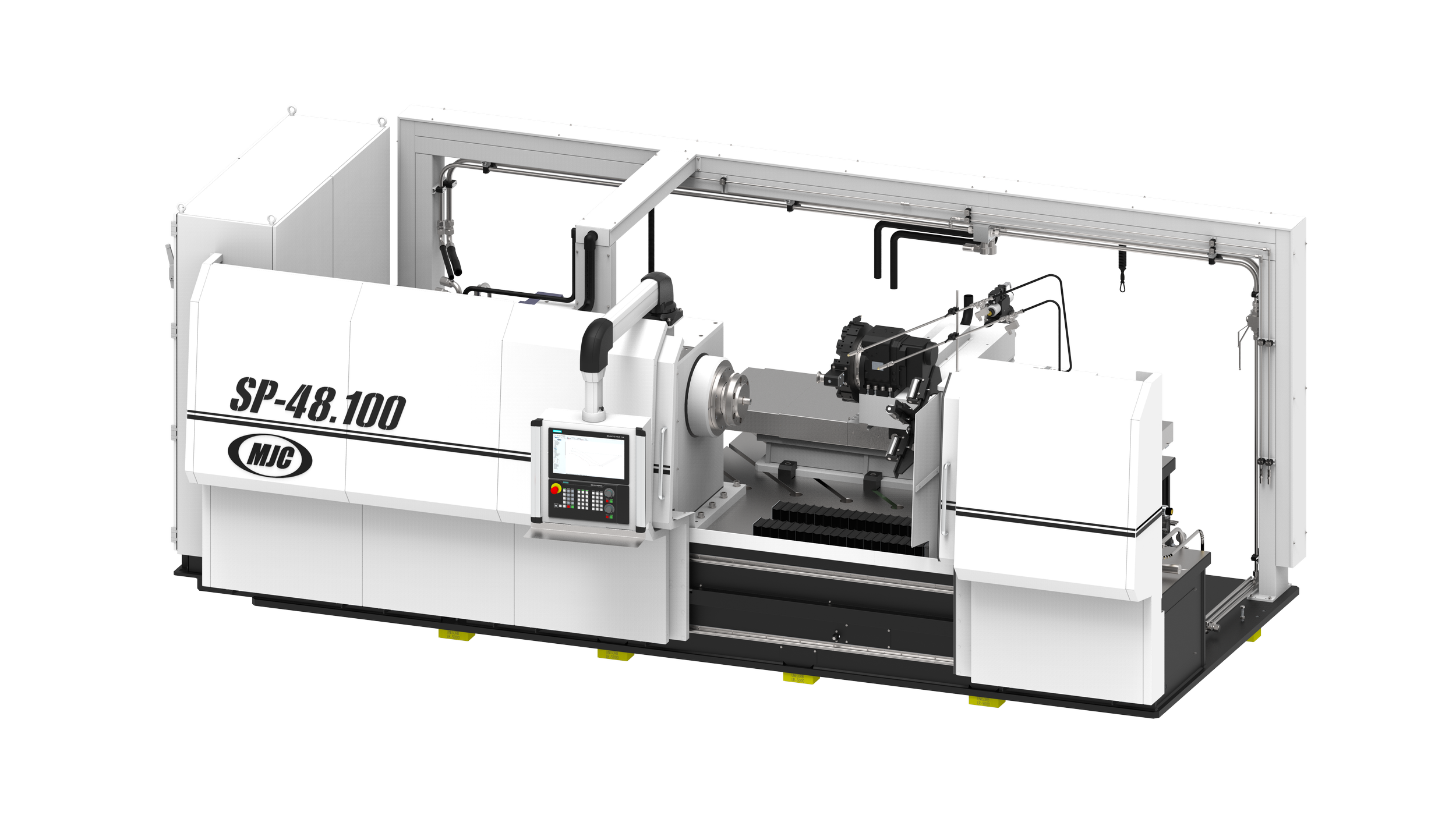 MJC SP-48.100 CNC metal spinning machine with the forming enclosure open, showing the Siemens control pendant, roller head and tailstock
