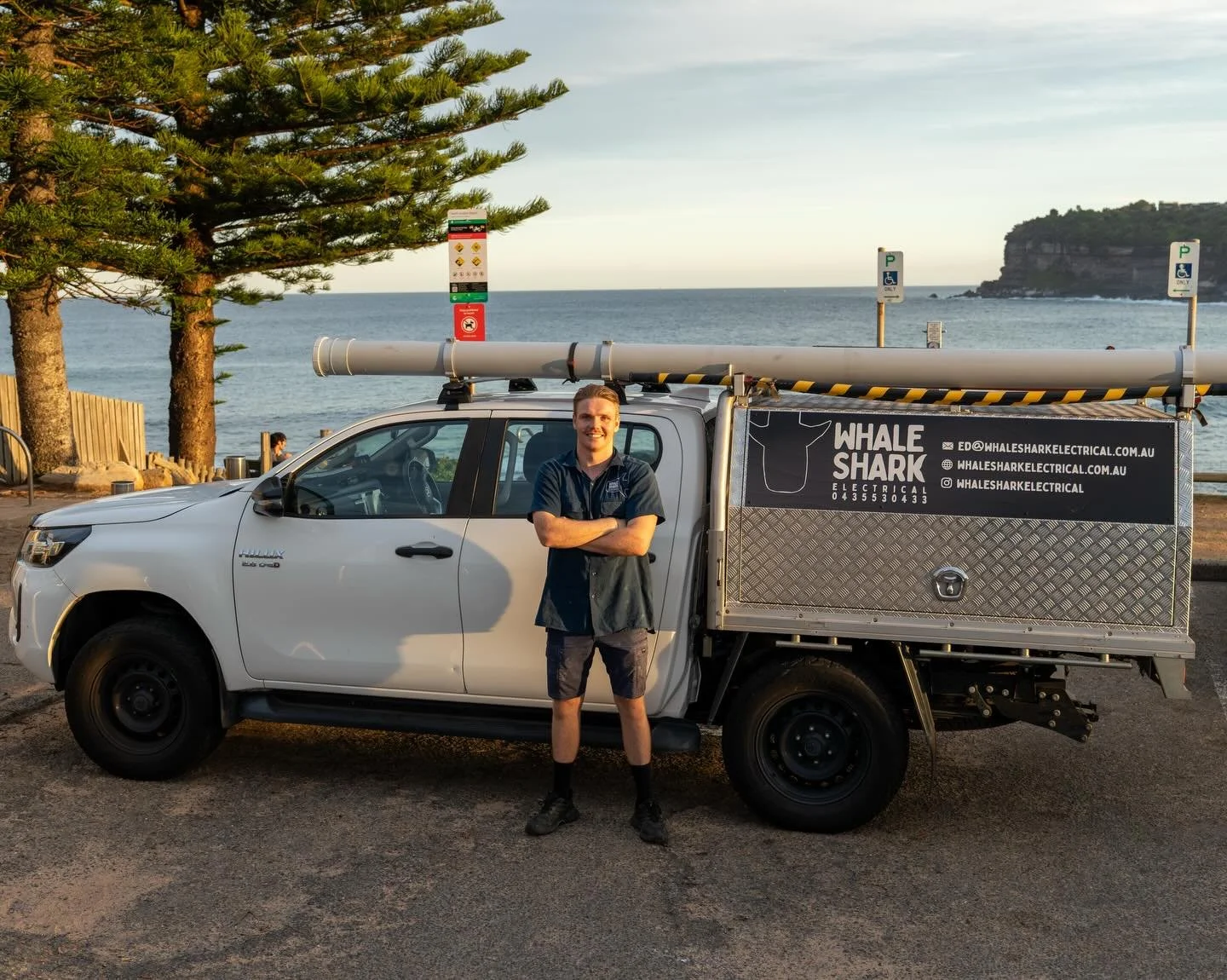 Golden hour on the Northern Beaches with the crew 🐳 🦈⚡️🌊

Meet Ed &mdash; company director and lead tradesman, setting the standard on every job. Alongside him is Owen, second-year apprentice, building his skills and stepping up with every project