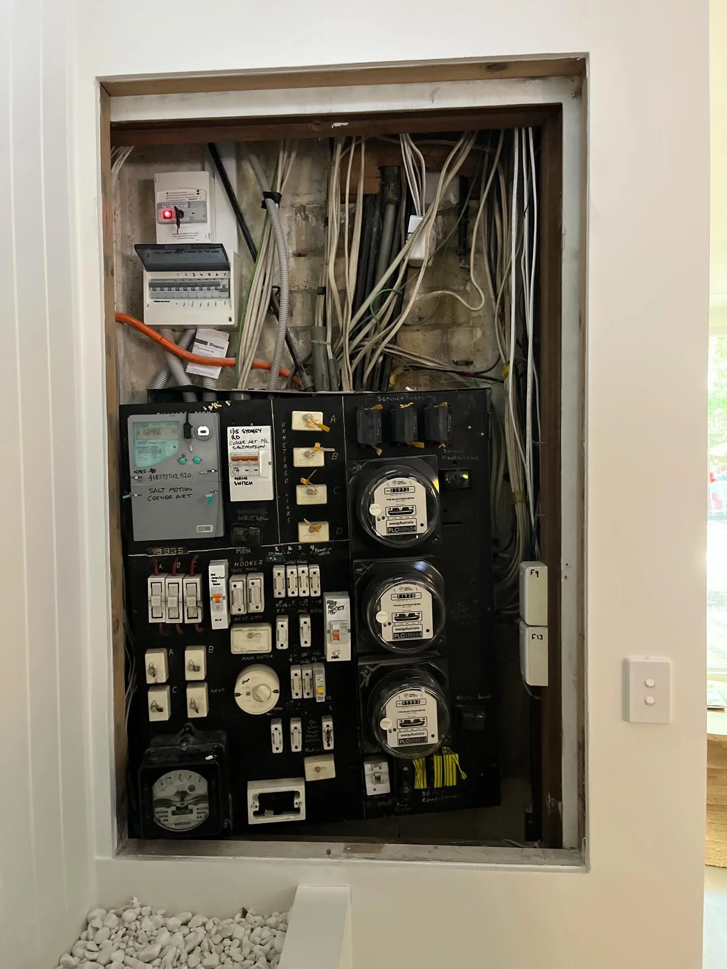 Before, during, and after shots of our commercial switchboard board upgrade completed for our clients in manly corso. 🐳🦈⚡️