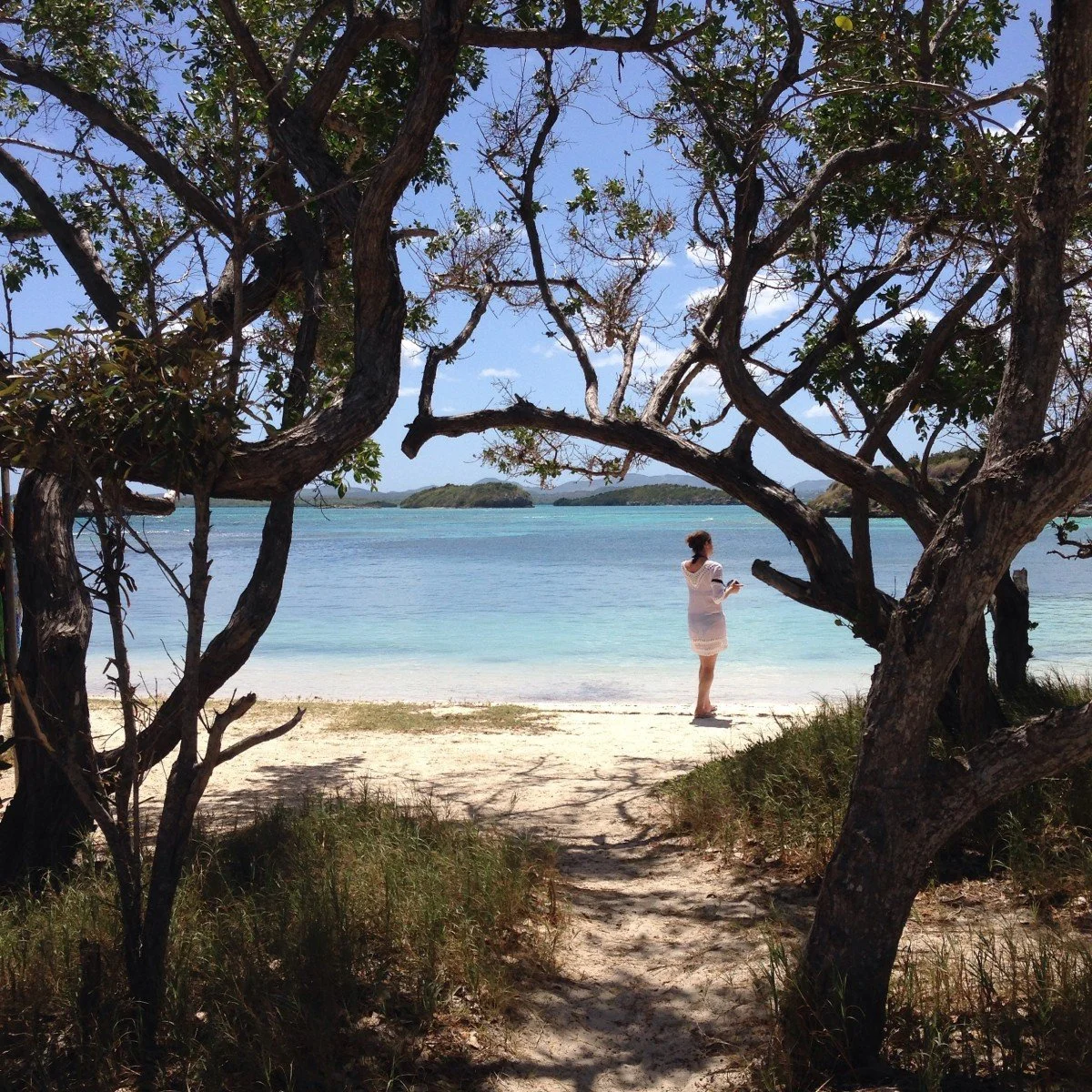 A woman on retreat in Antigua with Kat Byles is standing in a white dress stands on a sandy beach of Bird Island in Antigua, framed by trees with twisted branches, overlooking turquoise water and distant islands under a blue Caribbean sky.
