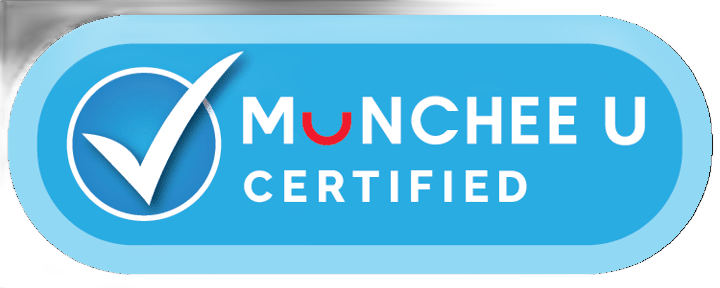 Munchee U Certified badge with a blue checkmark in a circle and the words 'Munchee U Certified' on a blue background.