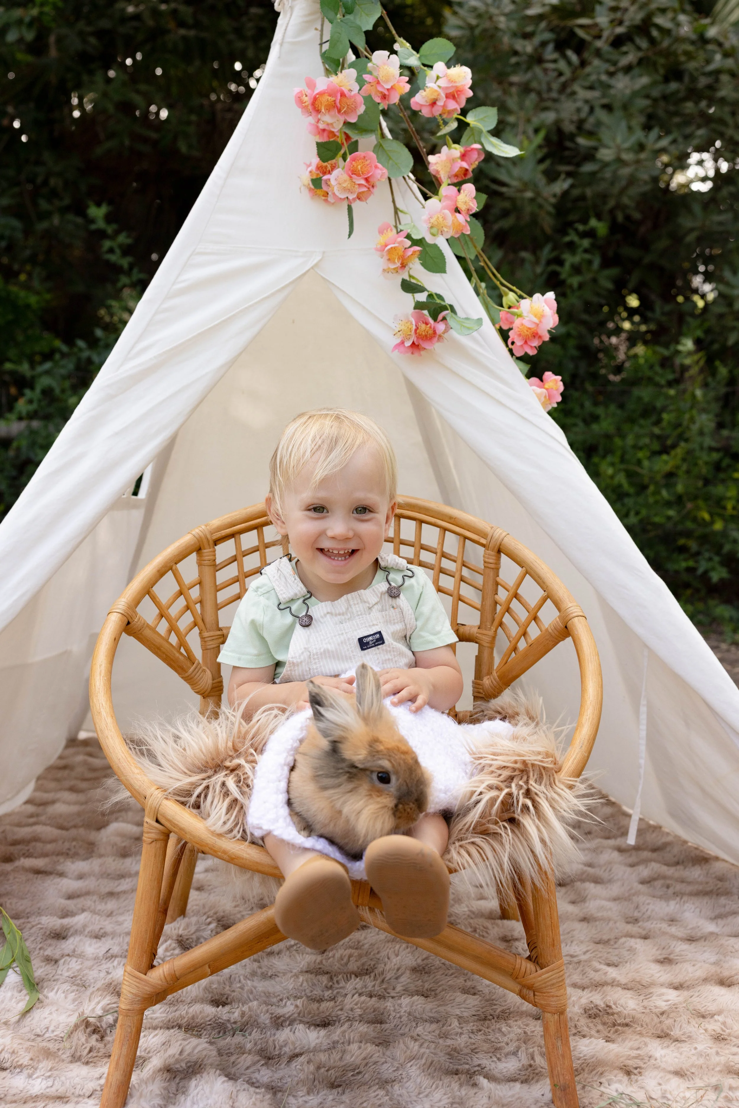 A young boy with blonde hair, smiling and sitting in a wicker chair inside a white tent decorated with pink flowers. A rabbit with a thick coat of fur and a small animal, possibly a guinea pig, are resting on his lap. The tent is set outdoors with gr