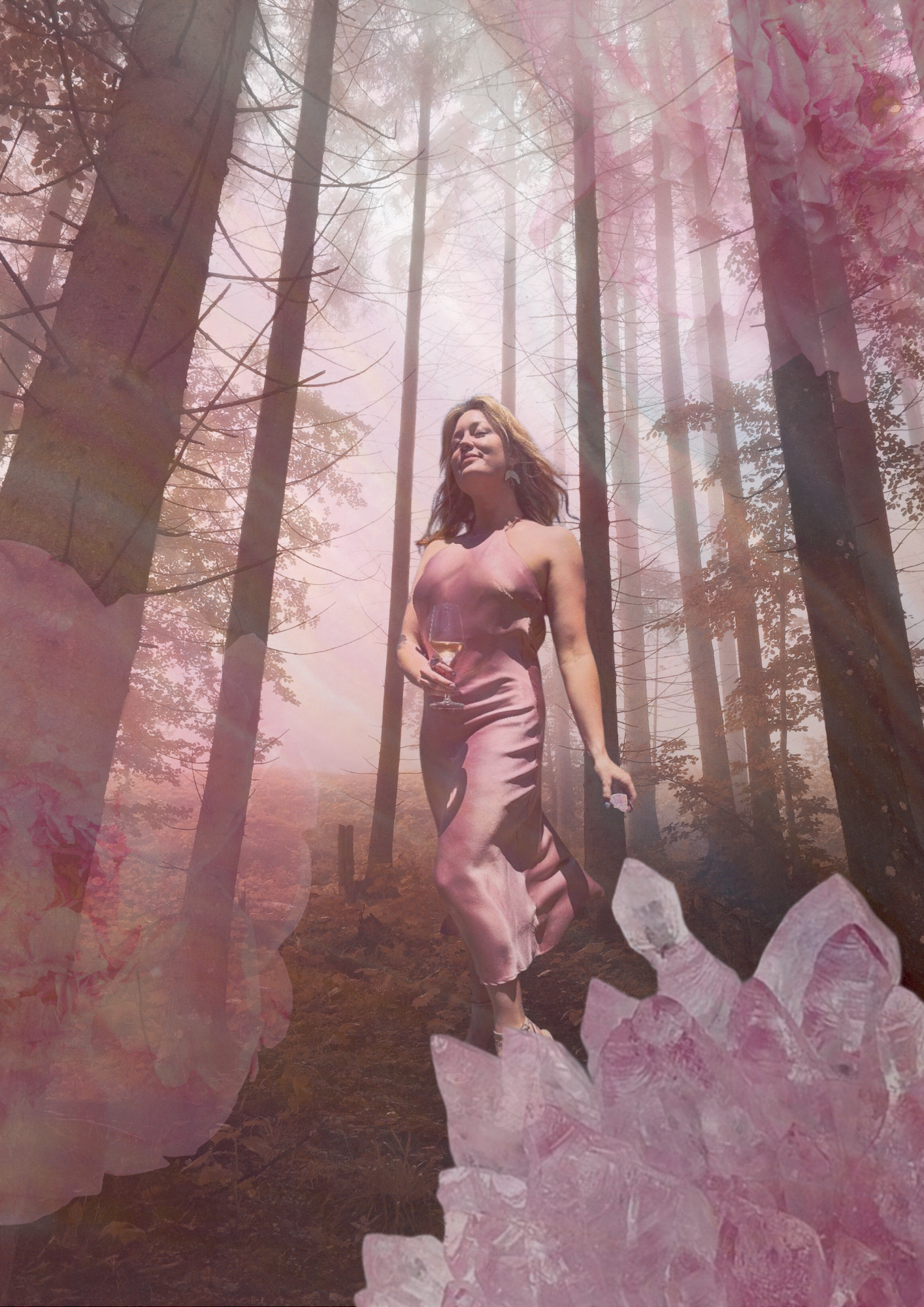 A woman in a pink dress holding a glass of wine, walking through a forest with pink flower overlays.
