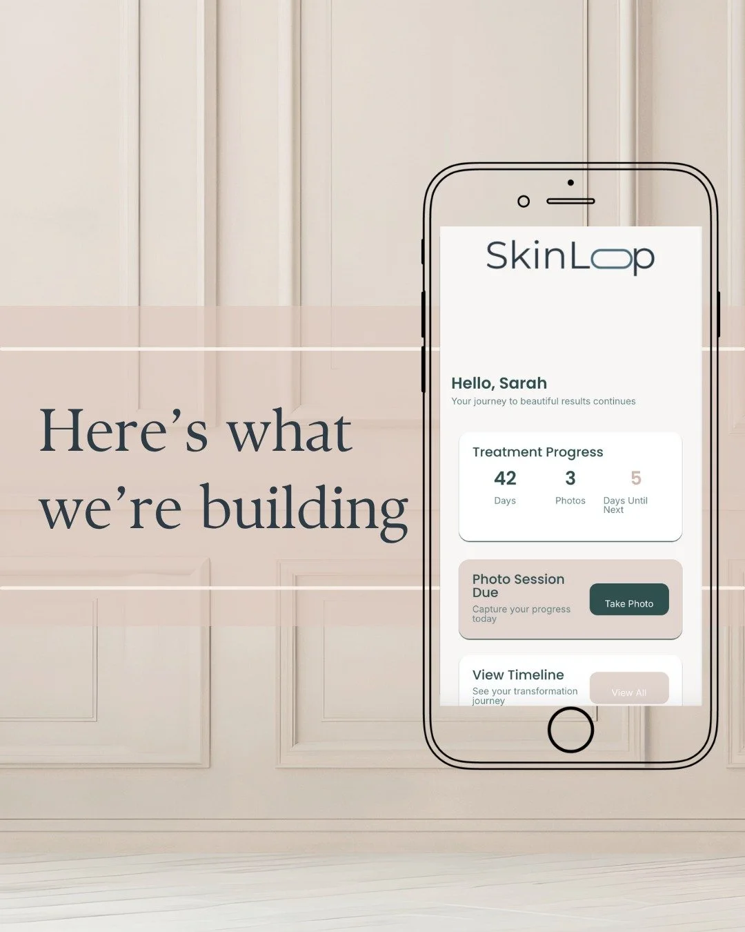 Here's what we're building.

SkinLoop has two parts: an app for your patients, and software for your clinic.

Your patients use the app between appointments to:
&rarr; Upload progress photos (secure, private)
&rarr; Track how they're feeling about th