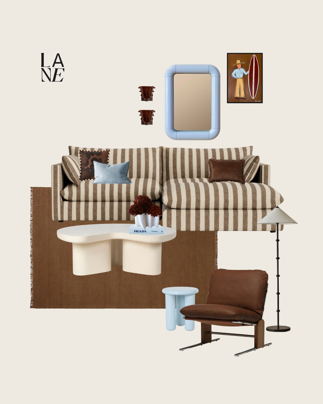 Interior design mood board showing warm mid century living space