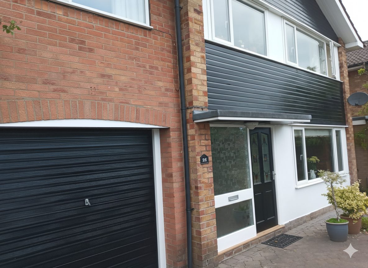 Garage & Front Elevation (Nether Poppleton, York). This job included sanding and repainting a large garage door, along with the surrounding woodwork and windows. The black-and-white scheme gives the house a smart, contemporary feel. The size of the g