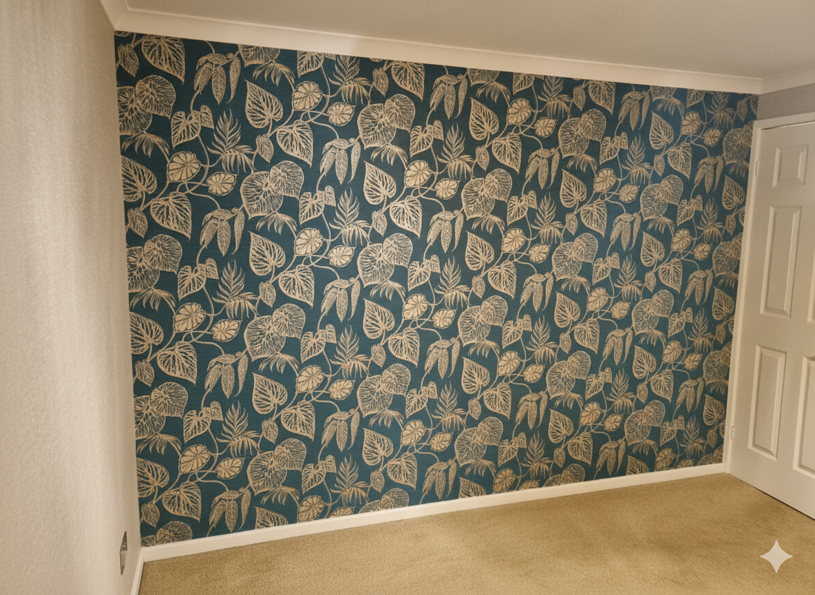 Bold botanical print hung to create a striking feature wall. Careful pattern matching ensures a seamless finish.