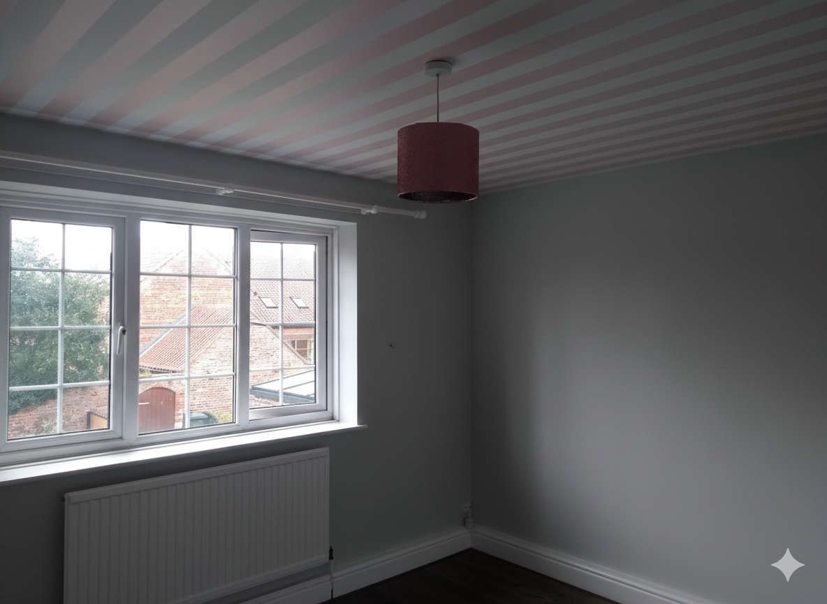 This ceiling wallpaper was a challenge, but the result creates a unique, textured finish that makes the room stand out.