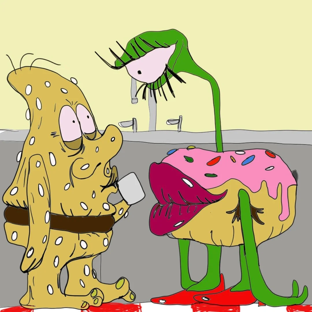 &ldquo;A Break Room Love Story&rdquo; Burga Man meets Sprinklez 

Burga man ran in a new employee while in the break room enjoying his daily Cup o&rsquo; Joe. Her name is &ldquo;Sprinklez&rdquo;. Sprinklez is a donut fused alien lady, with one big as