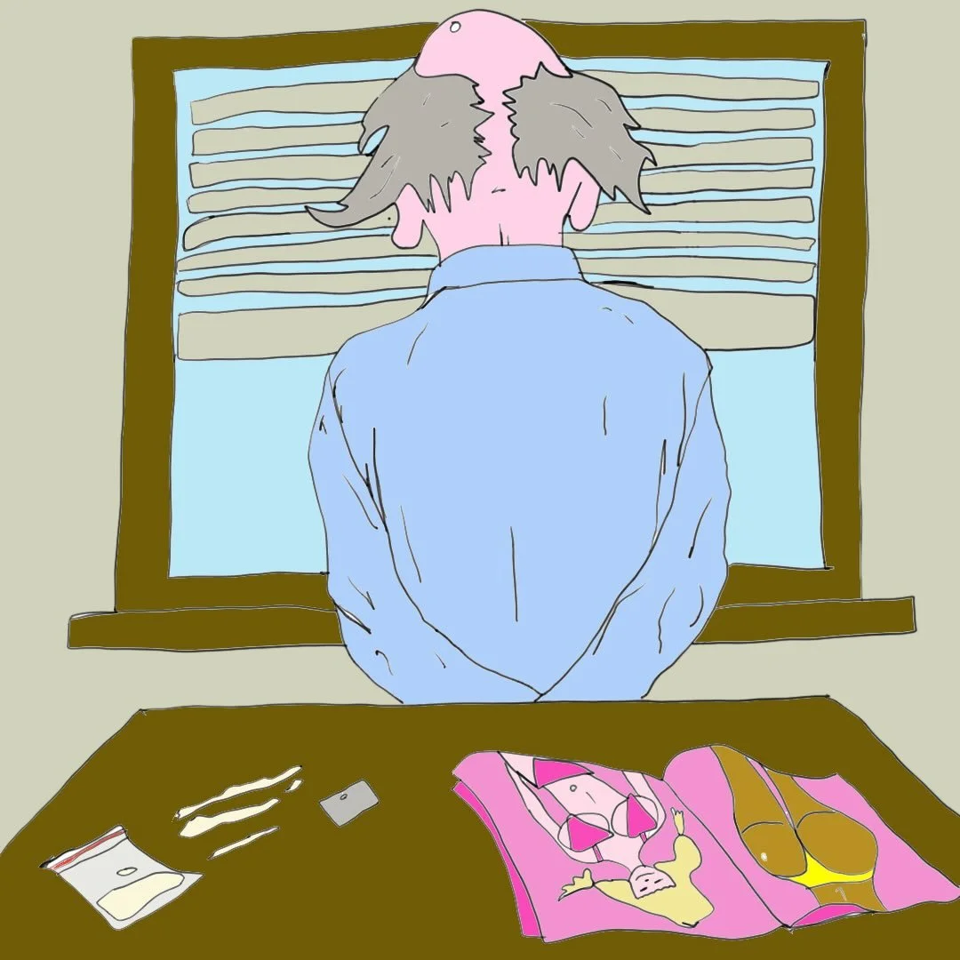 The Boss/The Addict 
Burga man&rsquo;s boss (AL) clearly has some vices. Al called Burga man into his office to have a private conversation with him. When Burga man walked in the first thing he saw was Al facing the window, ❄️ residue on the table, ?