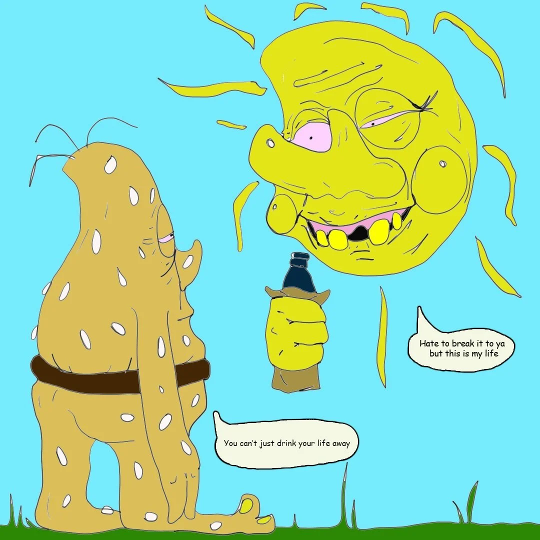 &ldquo;Burga Man&rdquo; talks with &ldquo;Drunk Ahh Sun Man&rdquo; about his drinking 🍻 
#burgaman #hoodmonsters #comicstrips #drunkahhsunman