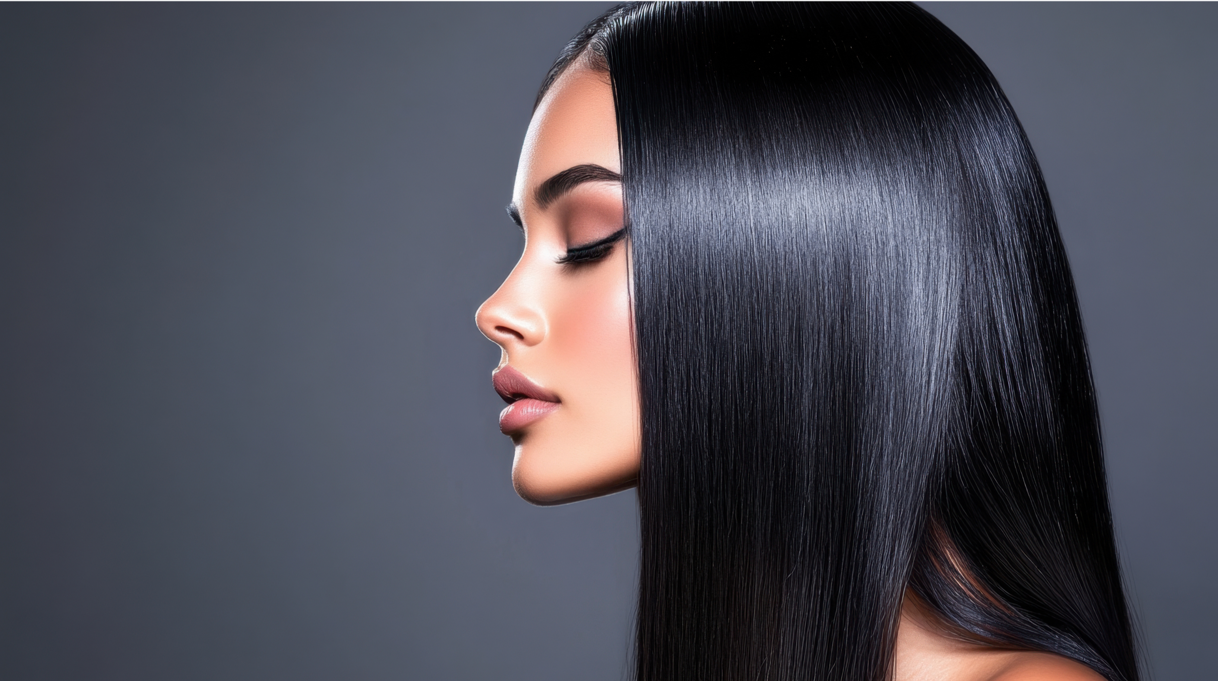 Side profile of a woman with long, straight, shiny black hair, closed eyes, and neutral expression against a gray background.