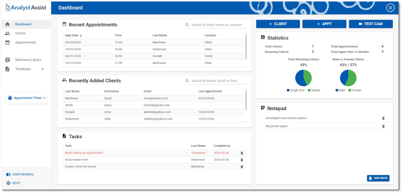 analystassist dashboard screen