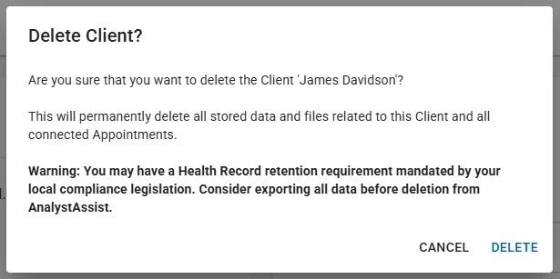 delete client dialog