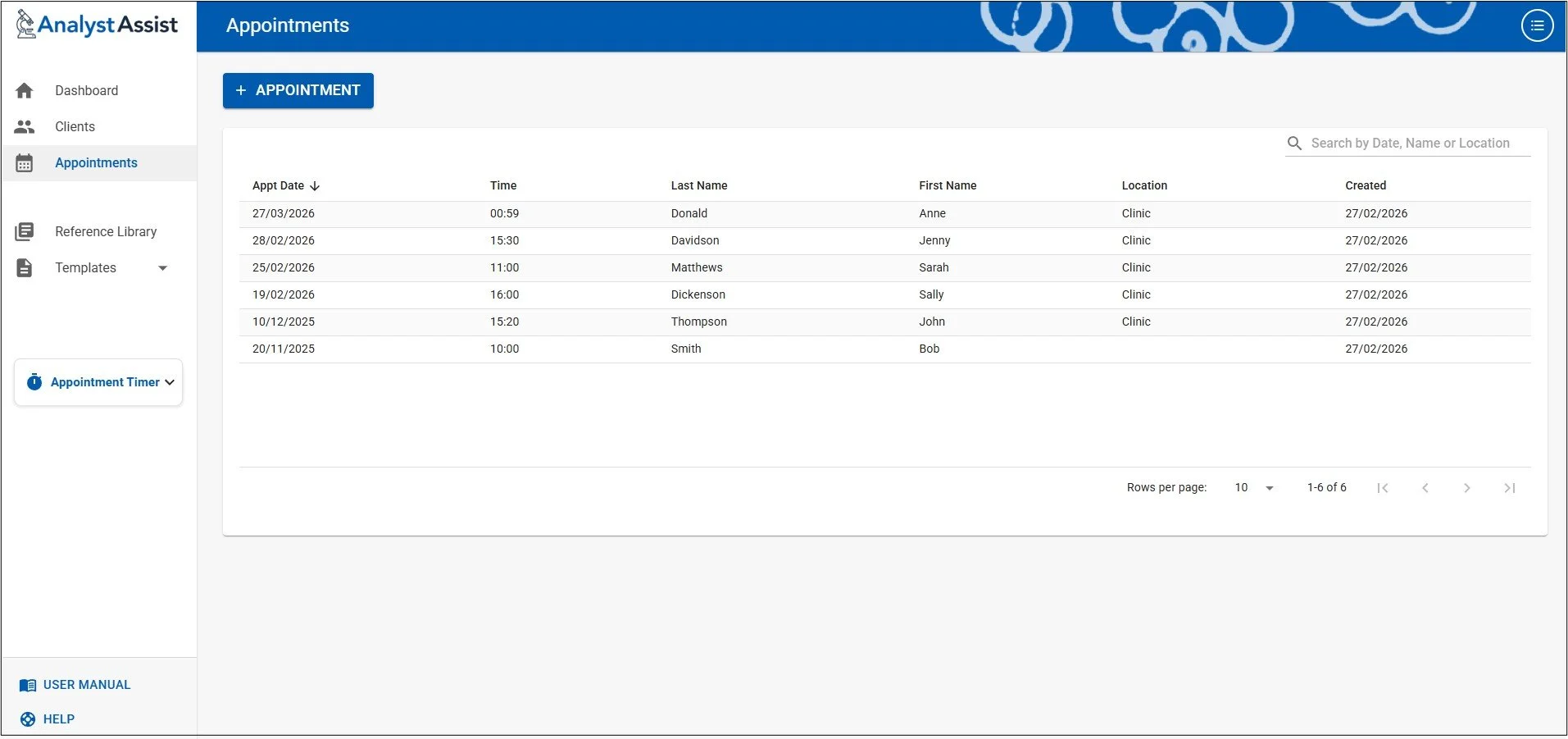 appointments list page