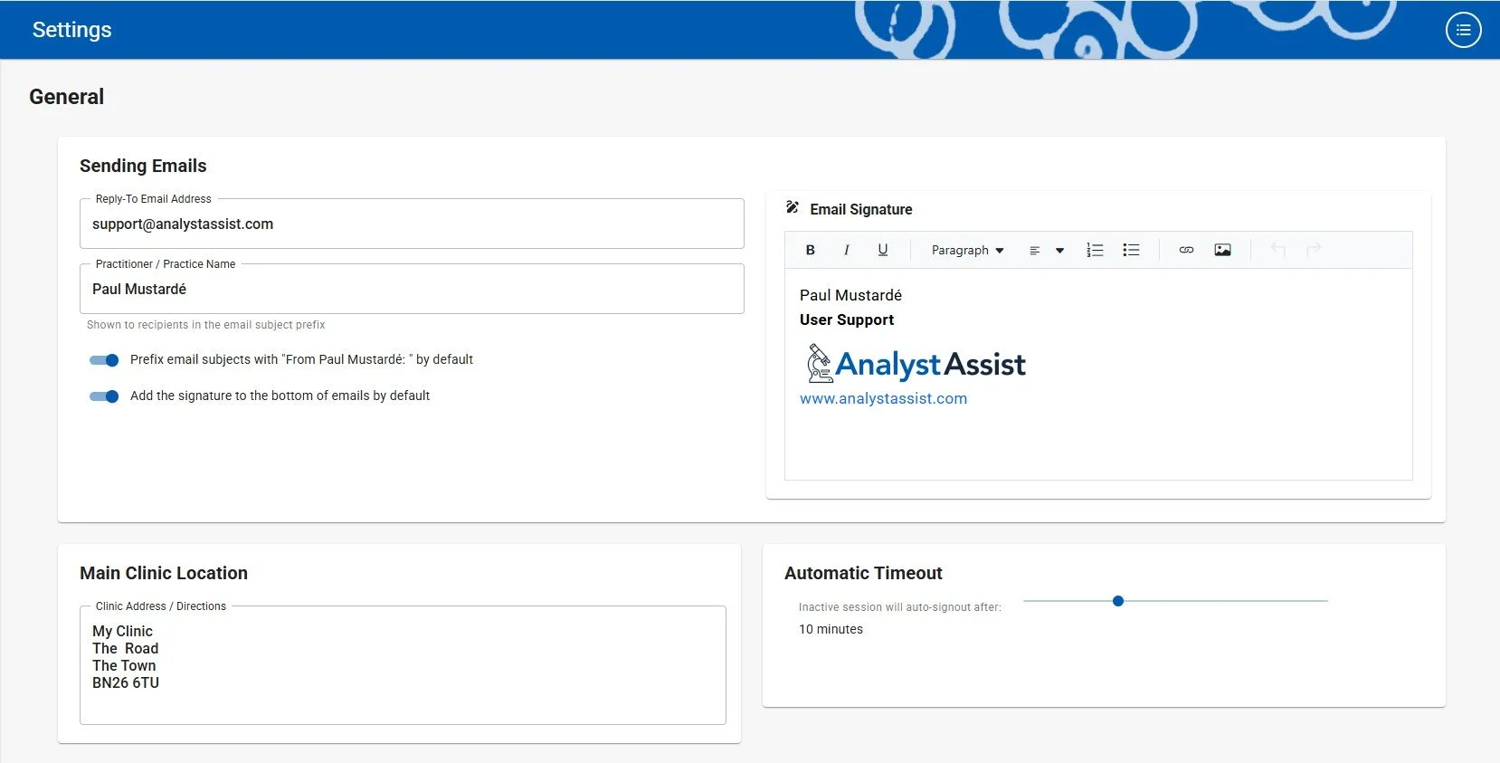 Settings page