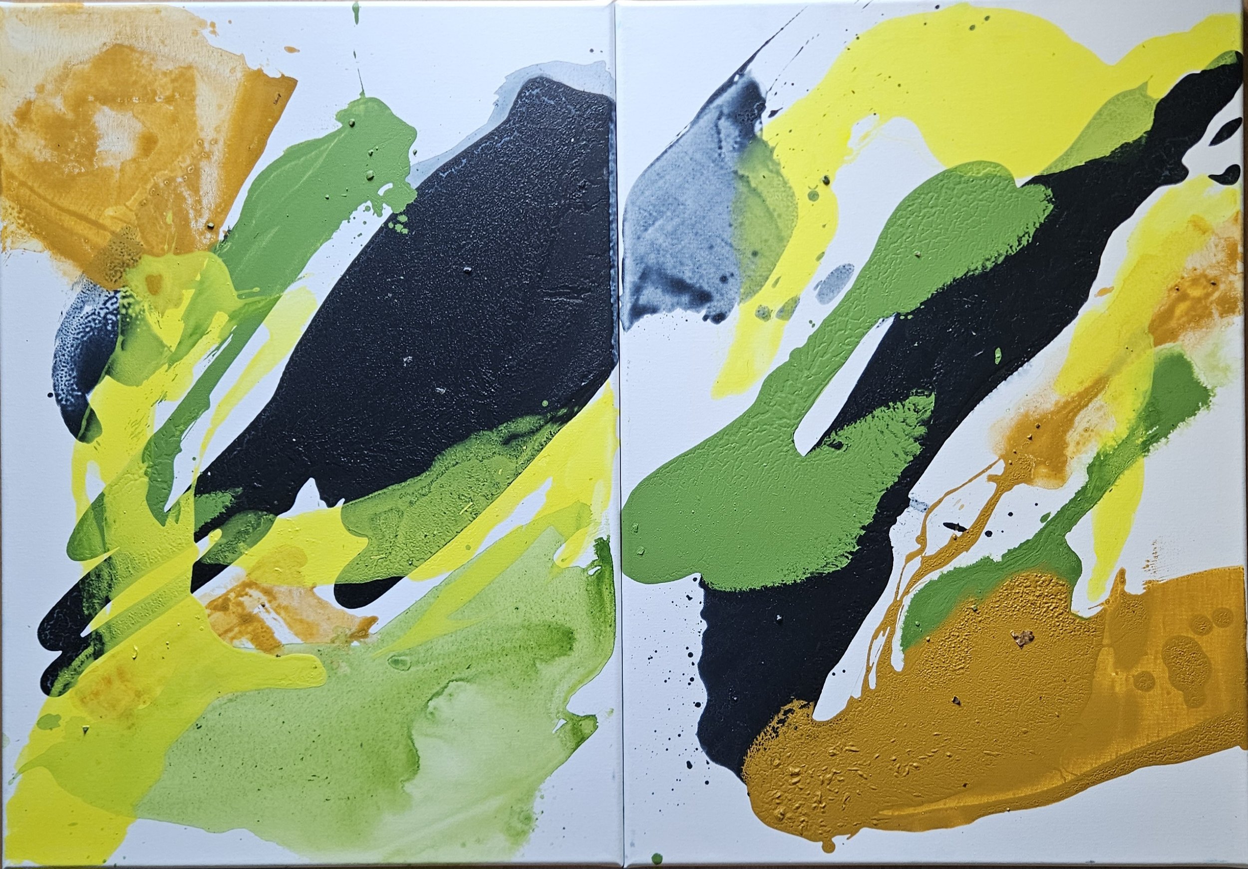"Farbreflexe einer Landschaft VII - Diptychon"
Acryl auf Leinwand 100 cm x 70 cm (2 x 50cm x 70 cm), 05/2026
Zugehöriges Gedicht: "Tanz am Gerstenfeld"