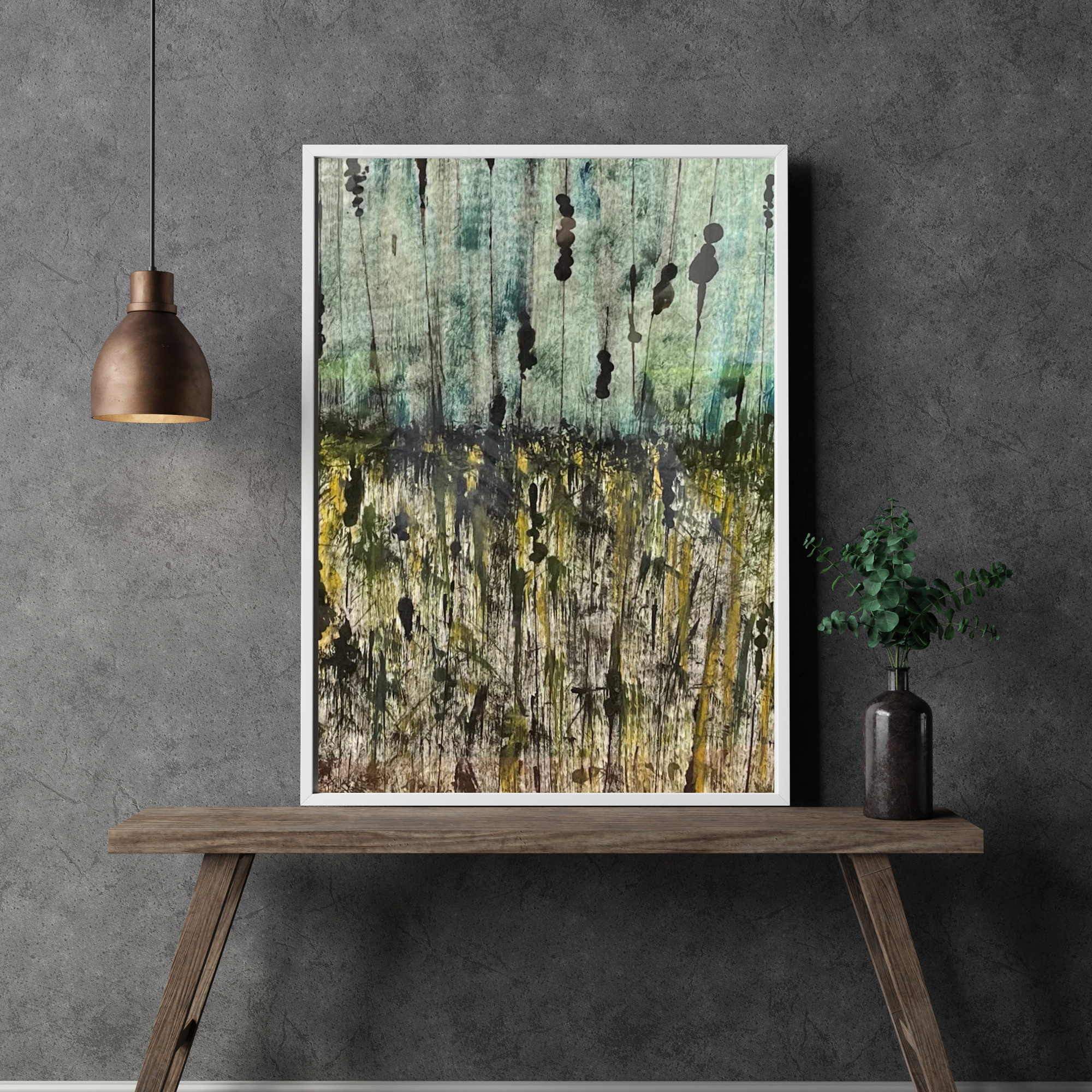 Catherine Engelmeyer Art ink on Japanese paper visualization in living room