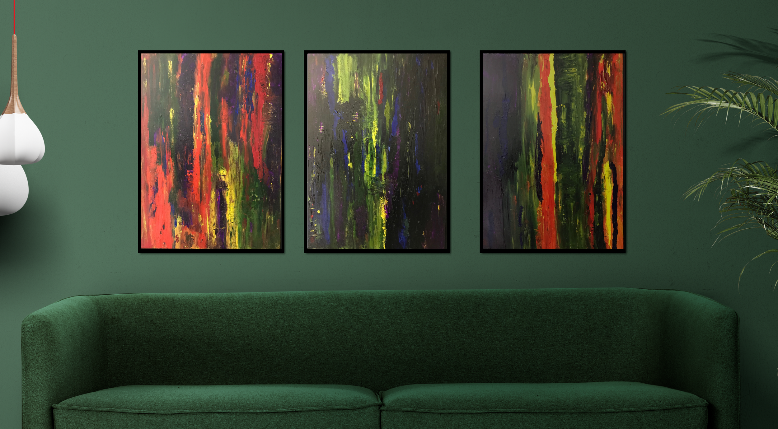 Catherine Engelmeyer Art tripytch visualization in living room